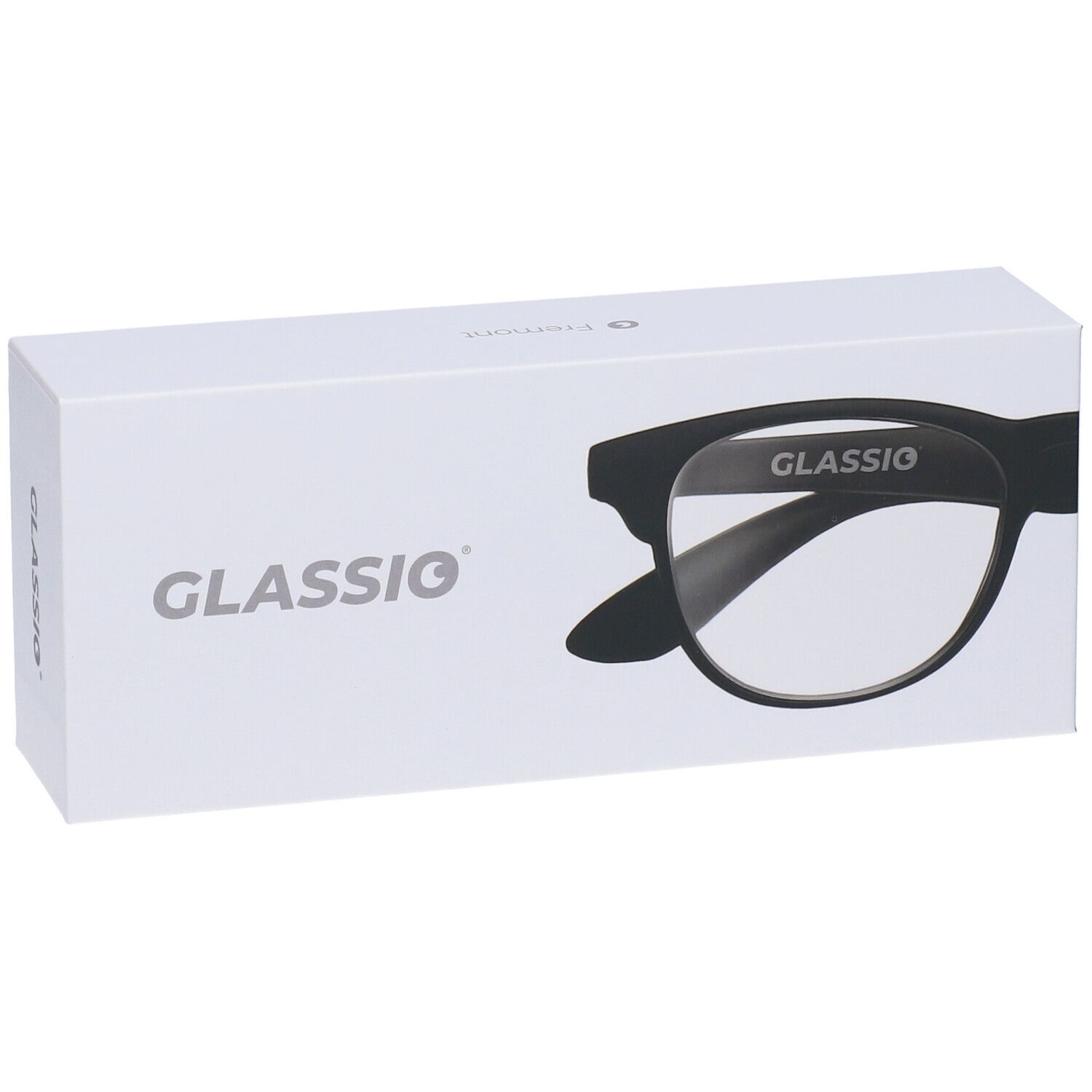 Confezione bianca con immagine di occhiali e logo Glassio. Marchio Glassio stampato.