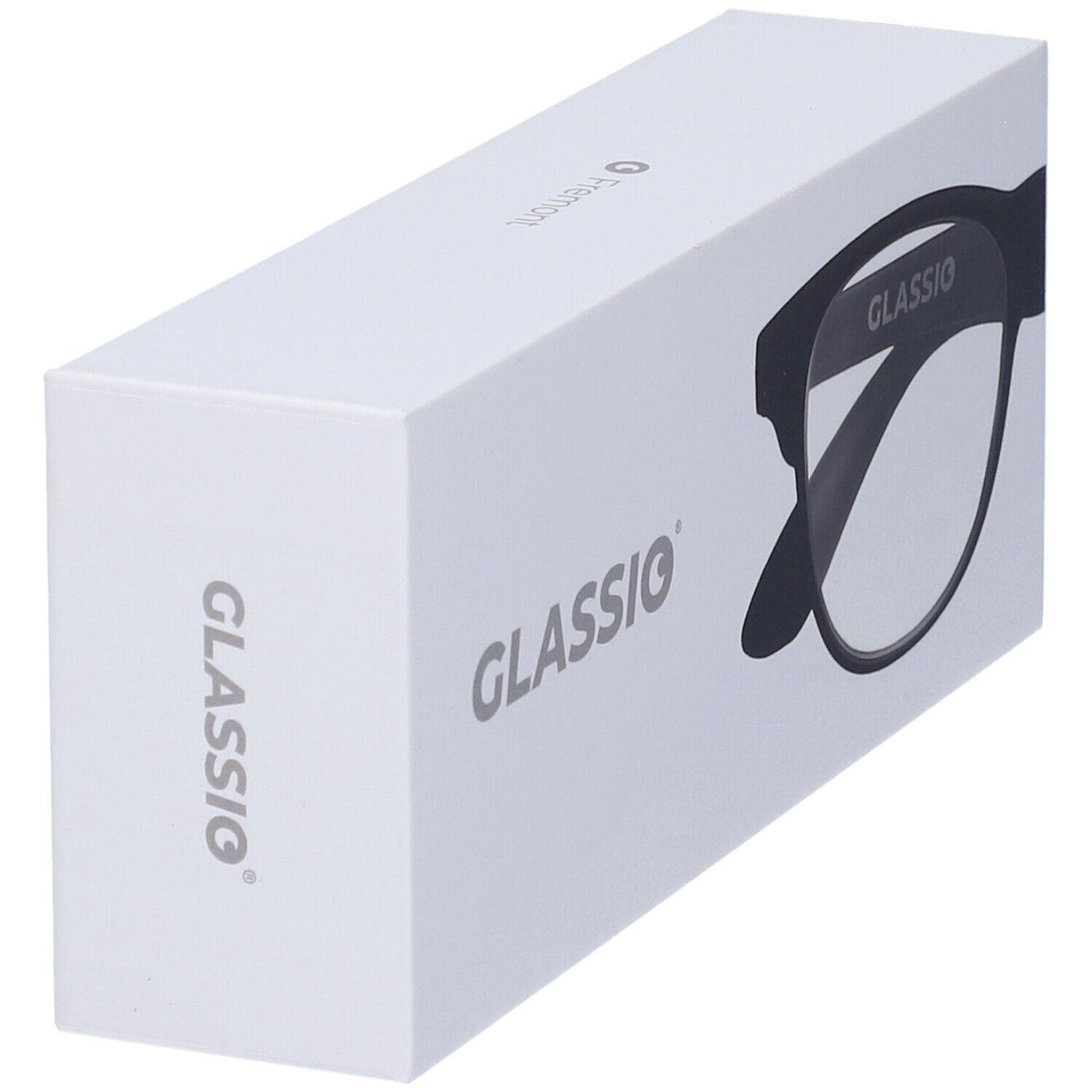 Astuccio per occhiali bianco con logo GLASSio. Immagine degli occhiali sul lato.