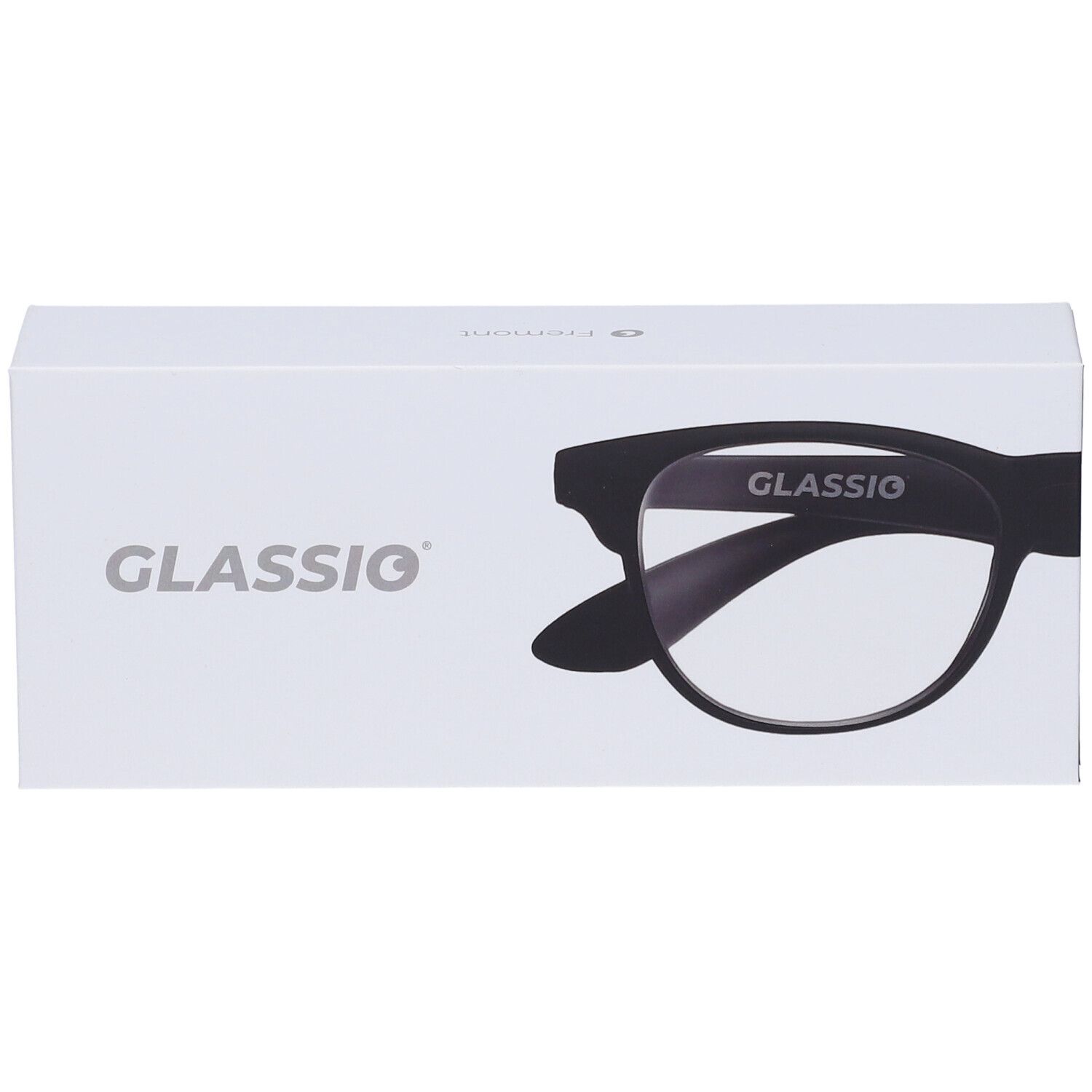 Astuccio per occhiali con immagine. Scritta GLASSio. Occhiali neri con +3,5 diottrie.
