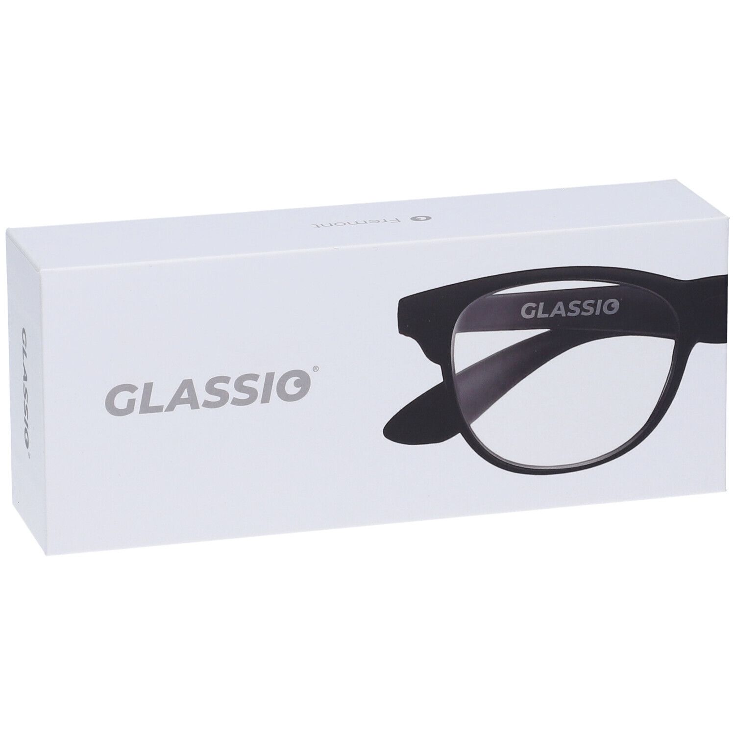 Astuccio per occhiali con immagine. Scritta GLASSio. Occhiali neri con +3,5 diottrie.