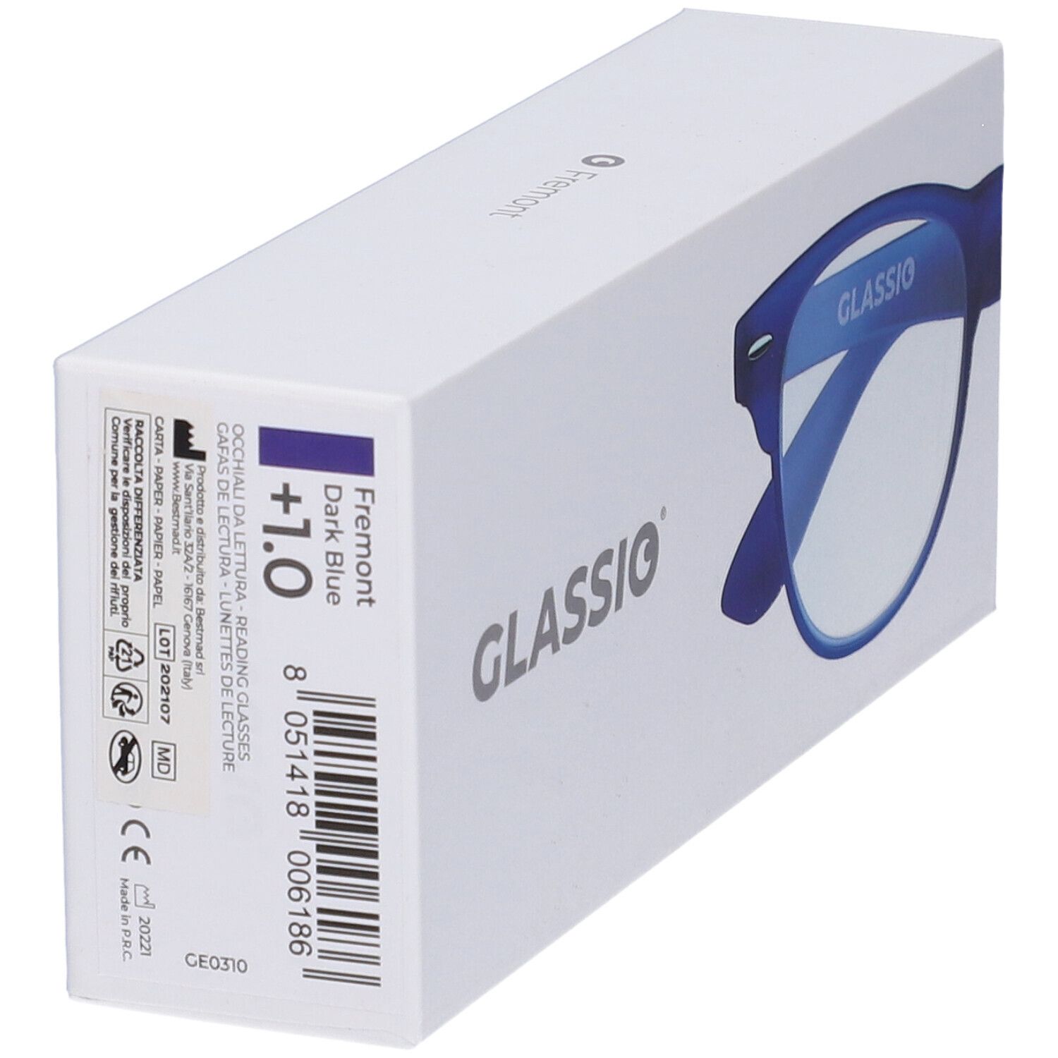 Confezione con occhiali blu scuro. Testo: Fremont, +1.0, Glassio. Codice a barre e altre informazioni.