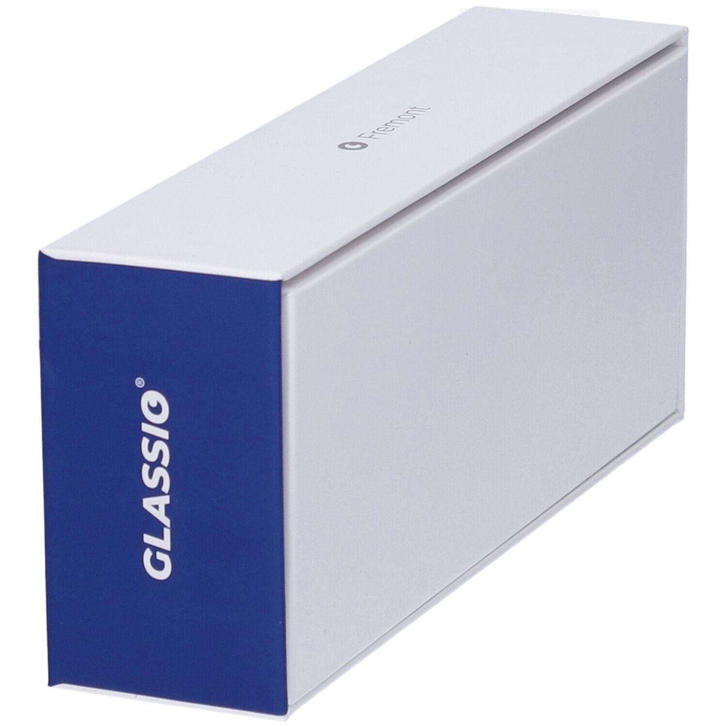 Confezione bianca con accento laterale blu. Scritta: Glassio.