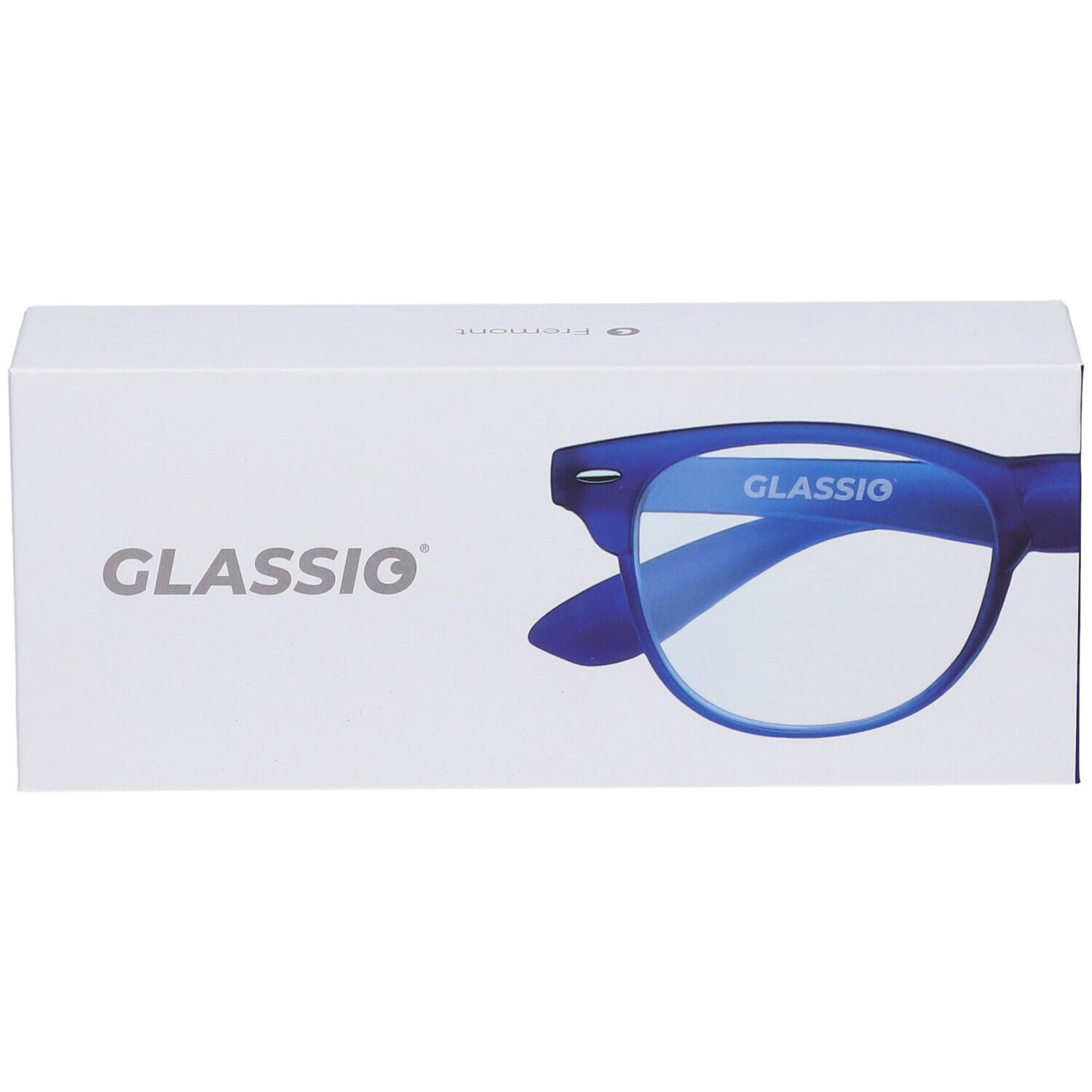 Occhiali blu scuro parzialmente visibili dalla confezione. Confezione con logo Glassio.