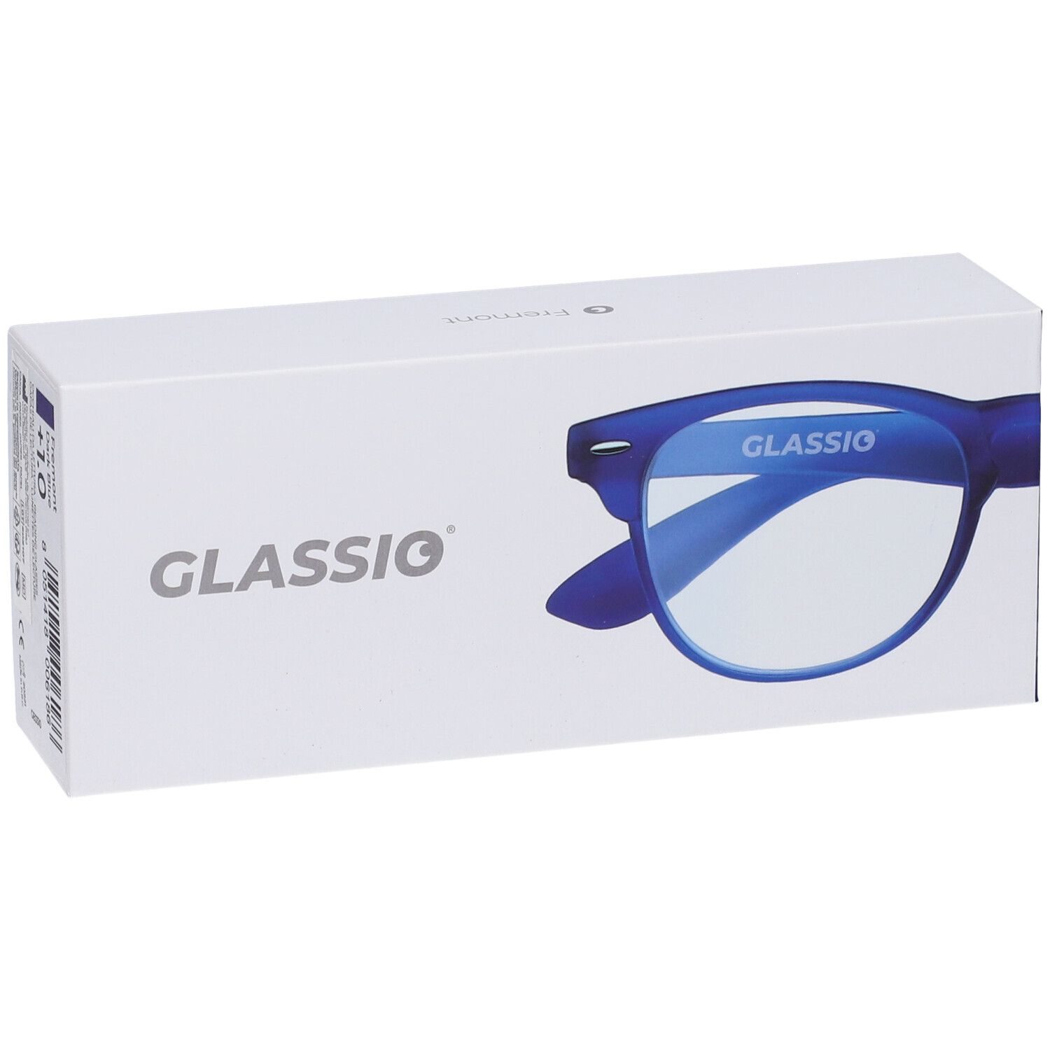 Occhiali blu scuro parzialmente visibili dalla confezione. Confezione con logo Glassio.