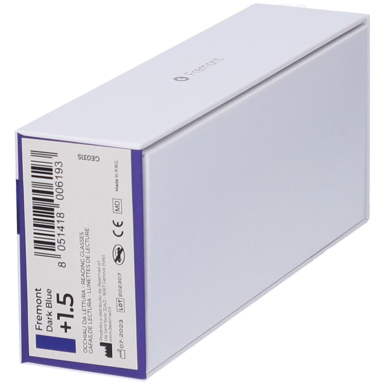 Confezione bianca con informazioni prodotto. Codice a barre, marchio CE e nome prodotto "Fremont Dark Blue +1.5".