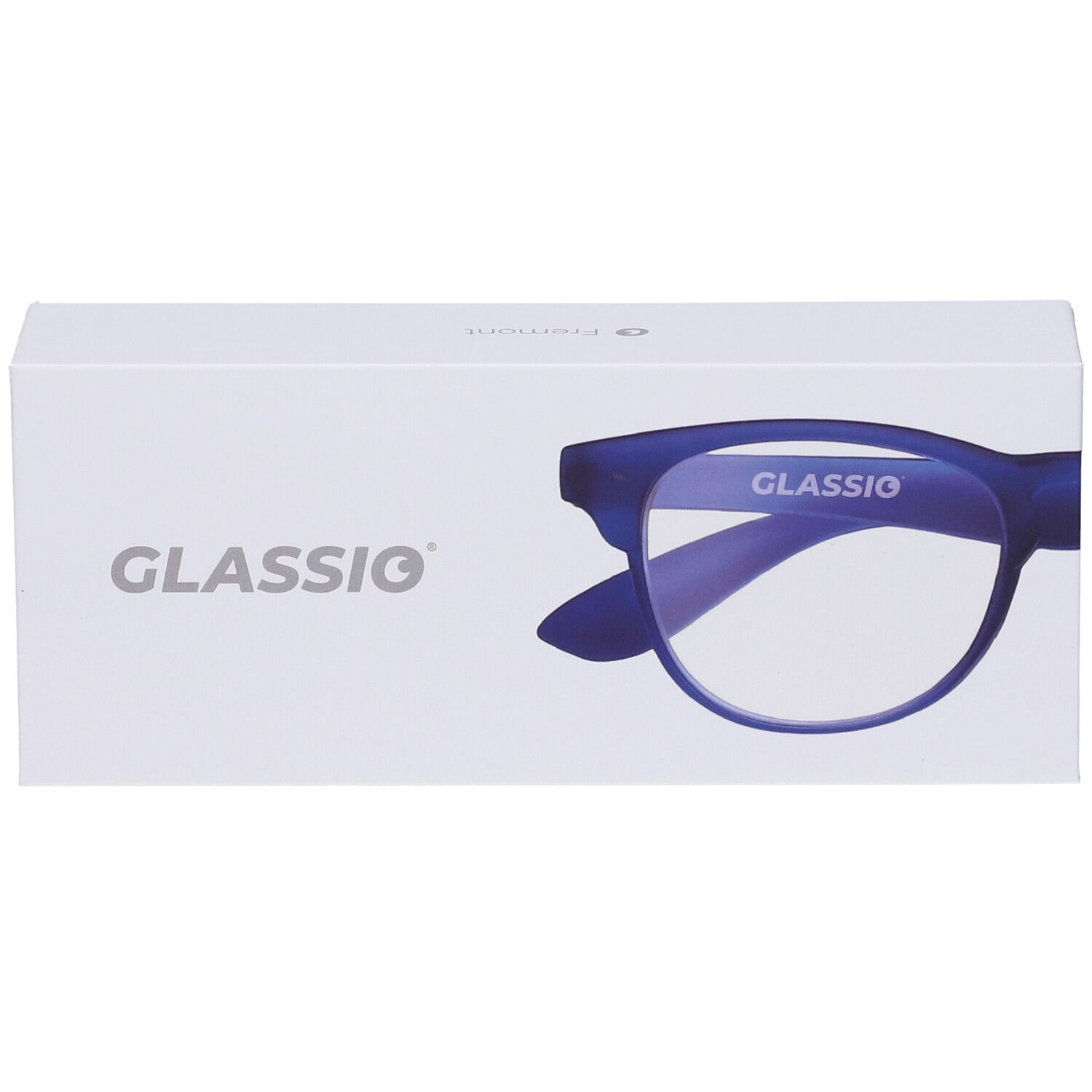 Confezione bianca con "GLASSio" e contorno occhiali. Occhiali blu. Vista prospettica.