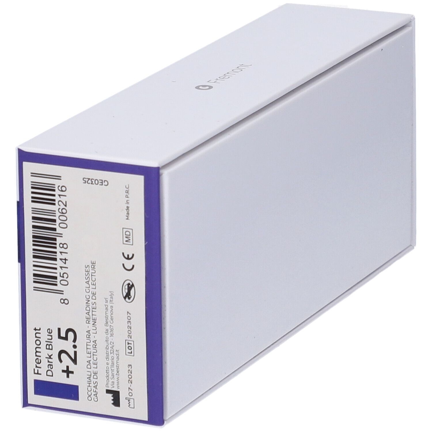 Confezione bianca con informazioni prodotto. "Fremont Dark Blue +2.5" e codice a barre.