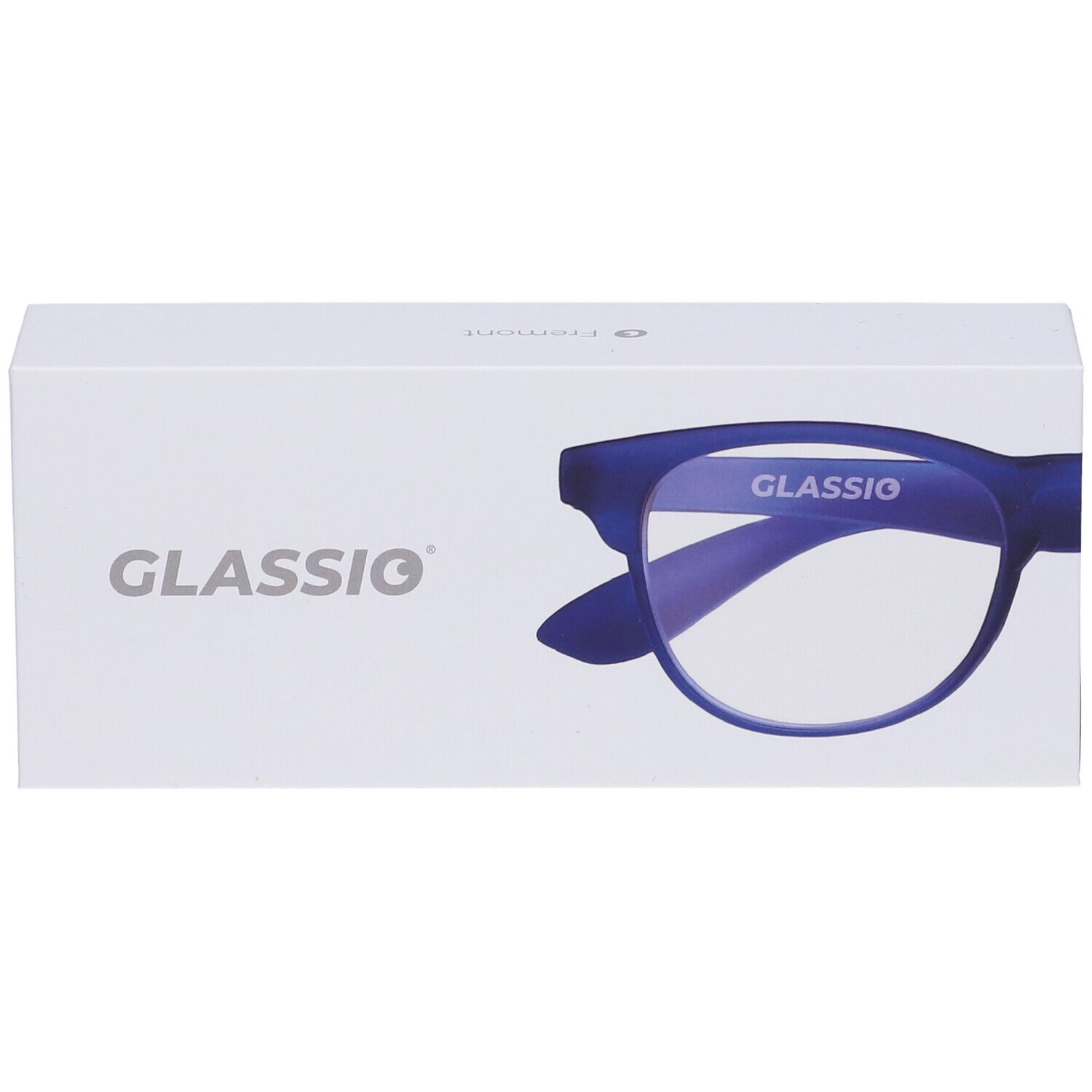 Confezione bianca con scritta "GLASSio" e occhiali blu.