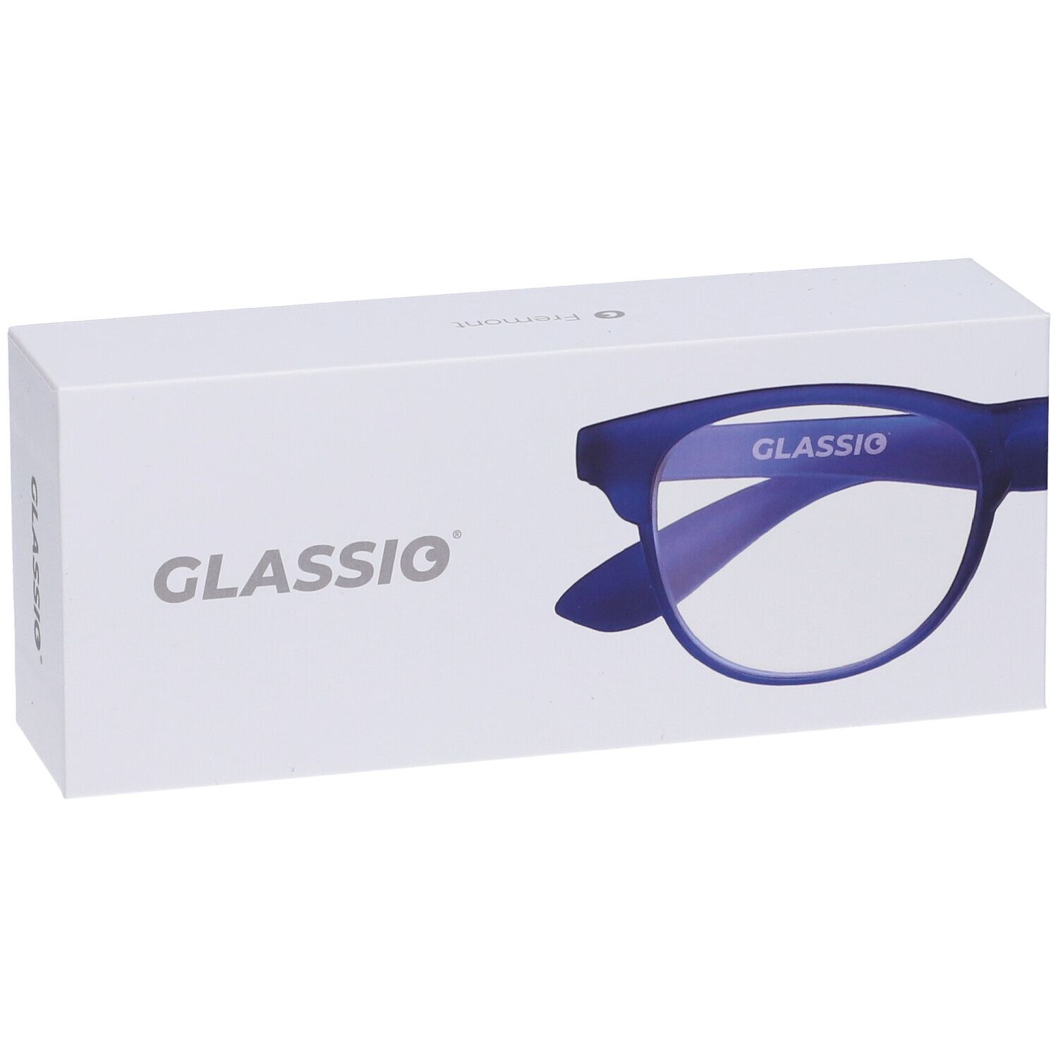 Confezione bianca con scritta "GLASSio" e occhiali blu.