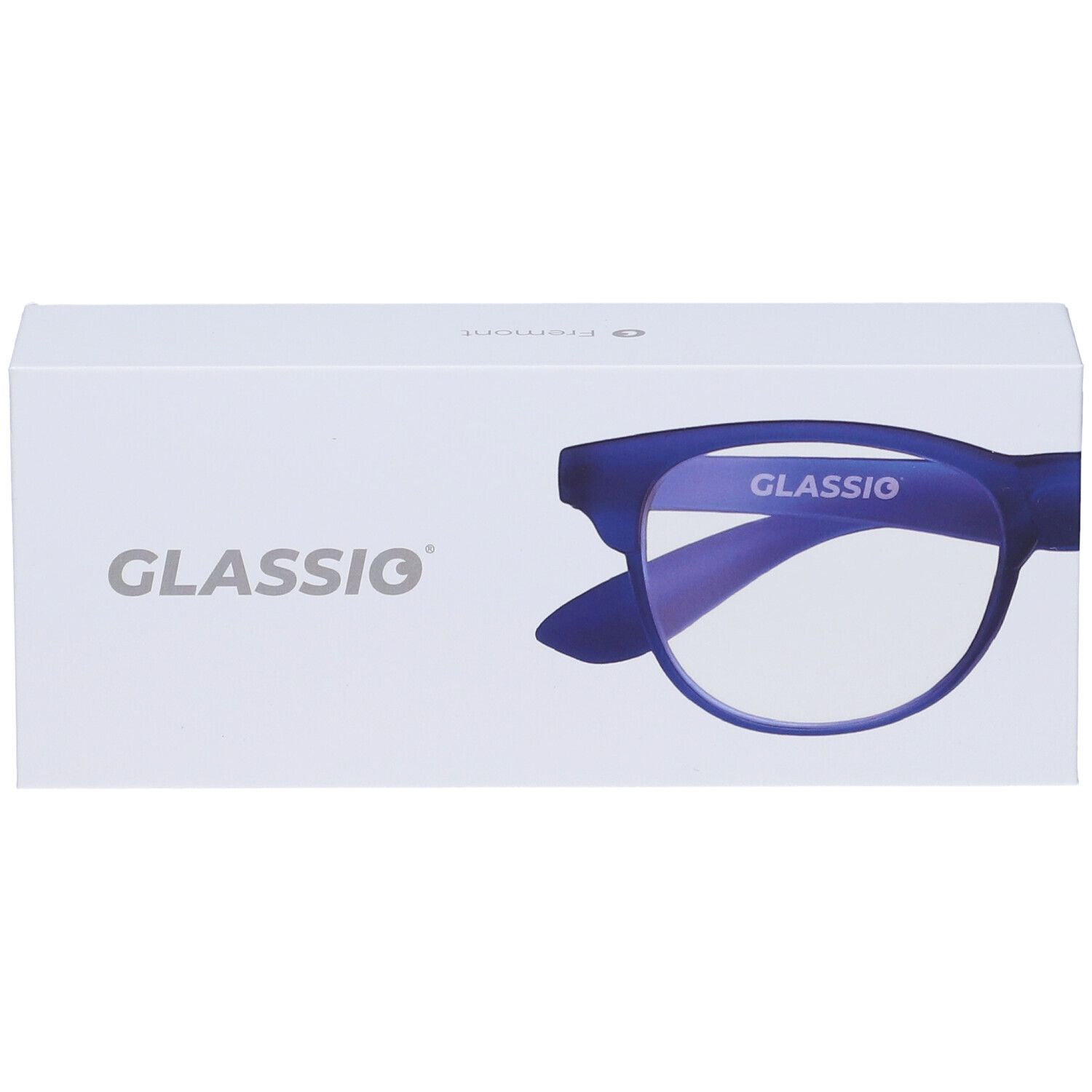 Occhiali Glassio Fremont blu scuro +3 in confezione bianca. Logo e immagine degli occhiali.
