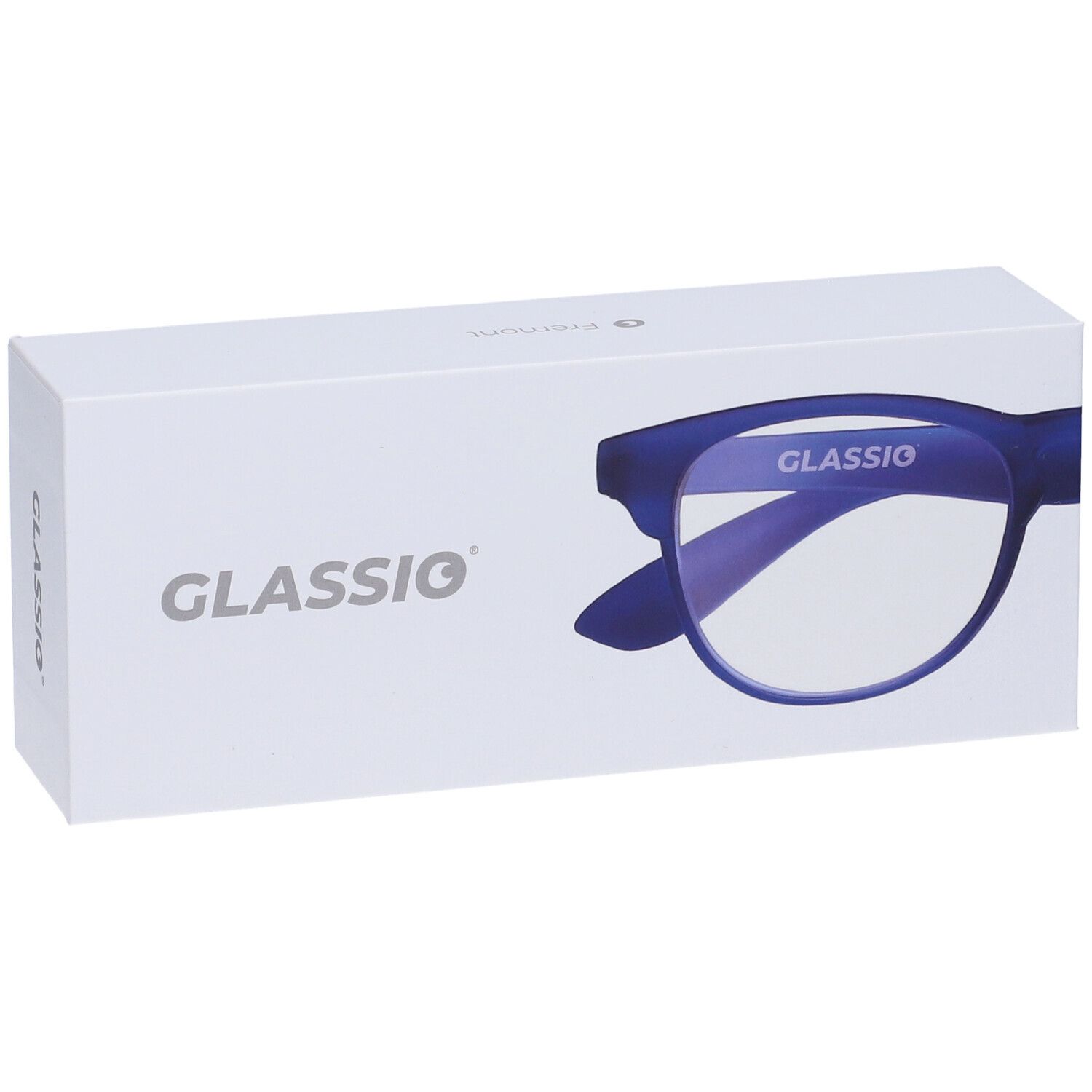 Occhiali Glassio Fremont blu scuro +3 in confezione bianca. Logo e immagine degli occhiali.