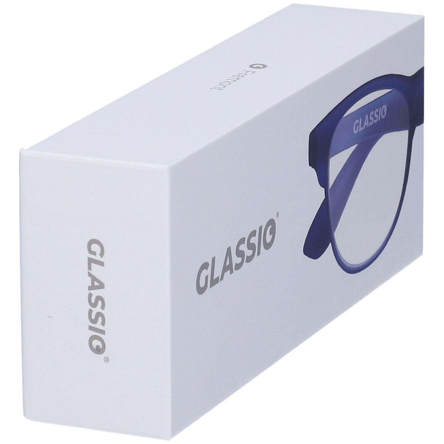 Confezione bianca con occhiali blu scuro. Stampa: GLASSiO. Modello di occhiali raffigurato sulla confezione.