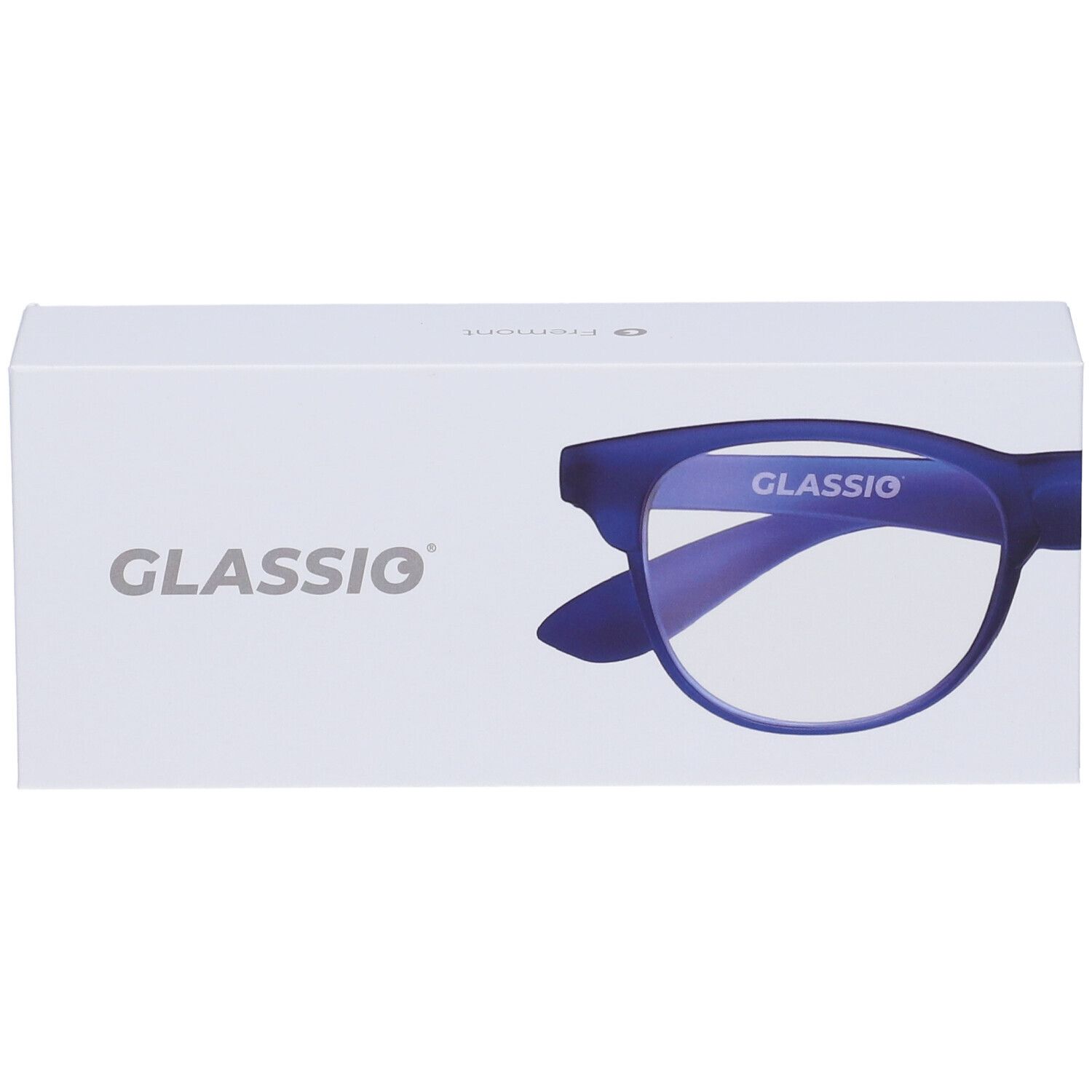 Confezione bianca con occhiali blu scuro. Stampa: GLASSiO. Sulla confezione è raffigurato un modello di occhiali.