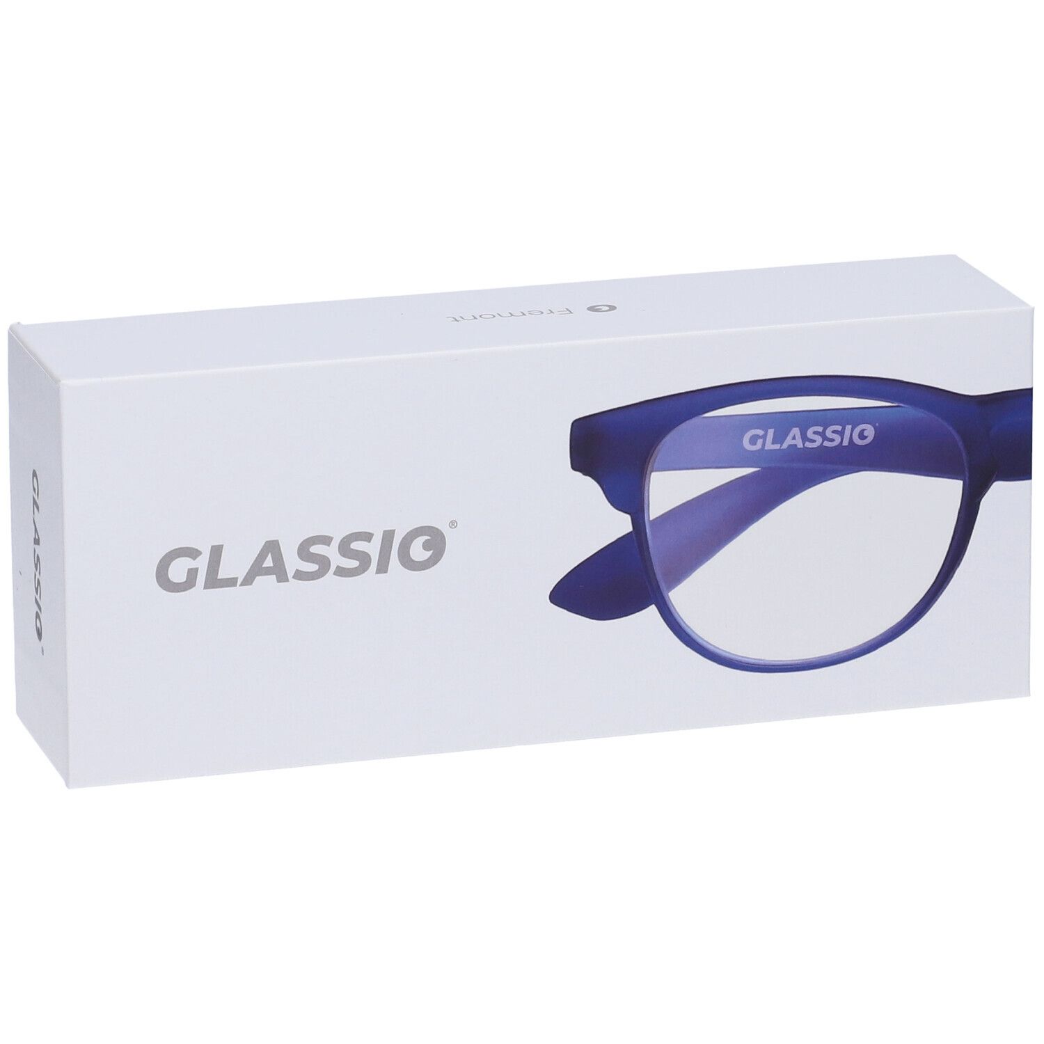 Confezione bianca con occhiali blu scuro. Stampa: GLASSiO. Sulla confezione è raffigurato un modello di occhiali.