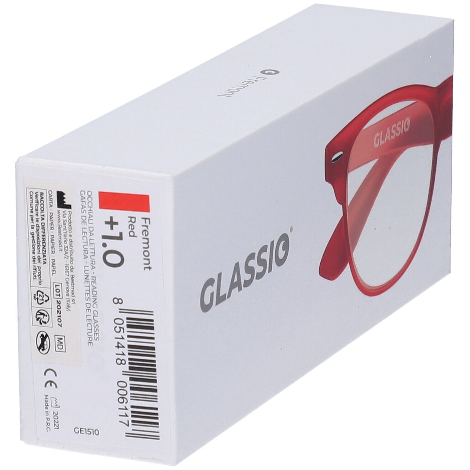 Occhiali Glassio Fremont rossi in confezione bianca. Scritte: +1.0, Red, codice a barre, marchio CE.
