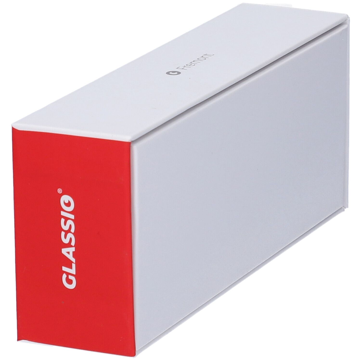 Confezione bianca con angolo rosso. Logo Glassio sull'area rossa.