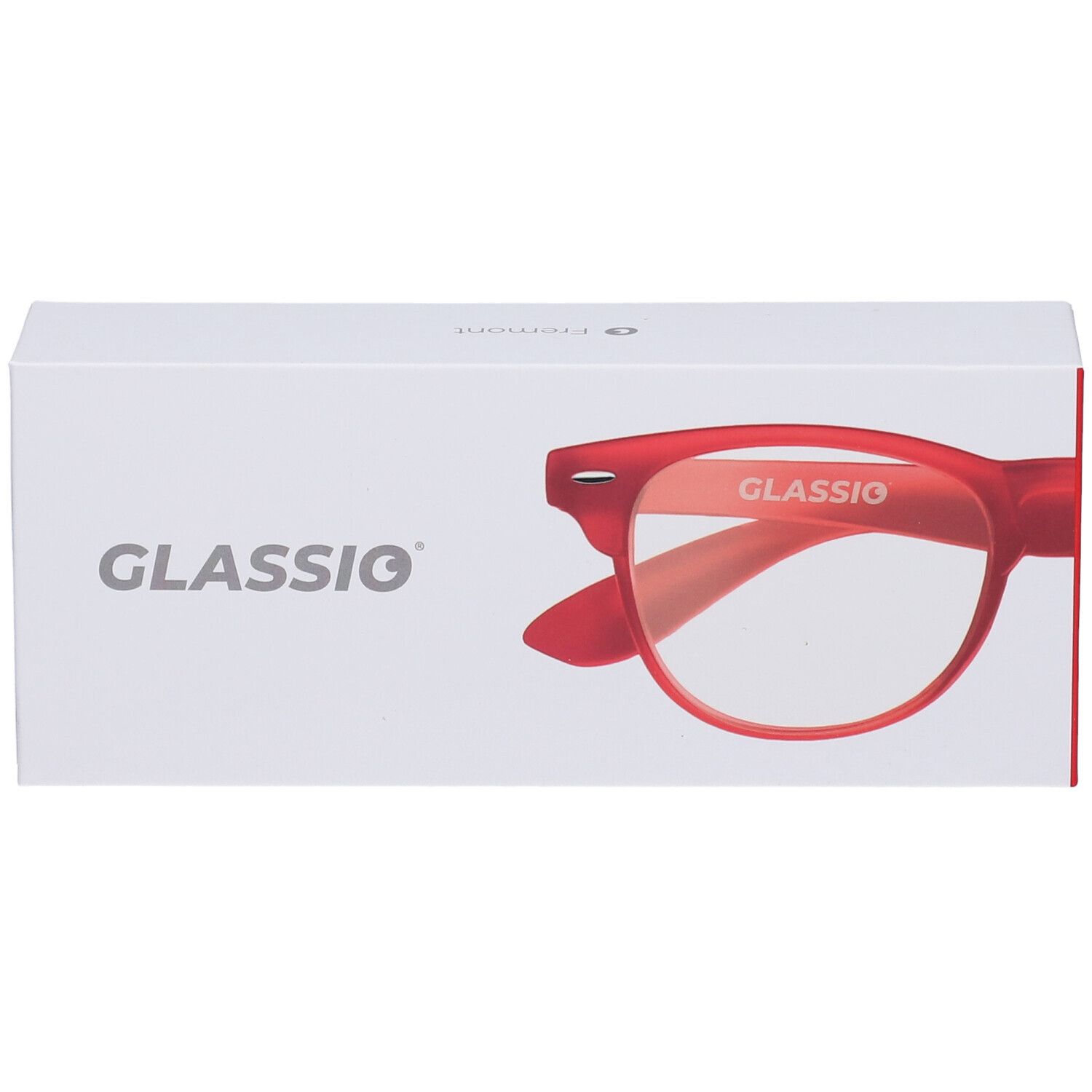 Occhiali Glassio rossi in confezione bianca. Logo e forma degli occhiali visibili.