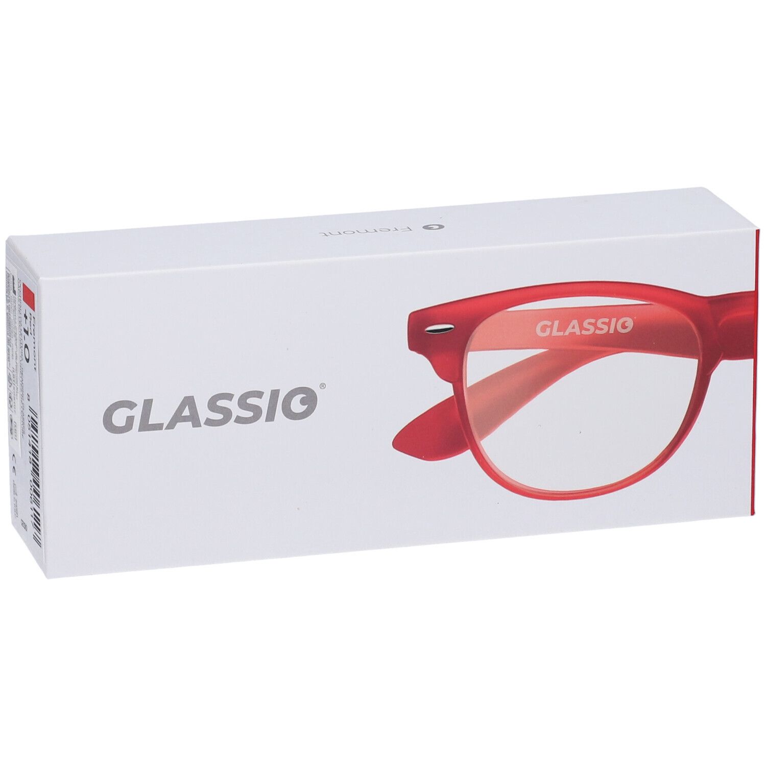 Occhiali Glassio rossi in confezione bianca. Logo e forma degli occhiali visibili. Scritte sulla confezione.
