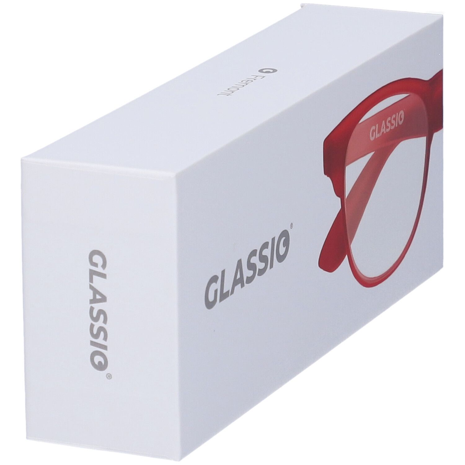 Confezione bianca con scritta GLASSio. Occhiali rossi raffigurati sulla confezione.