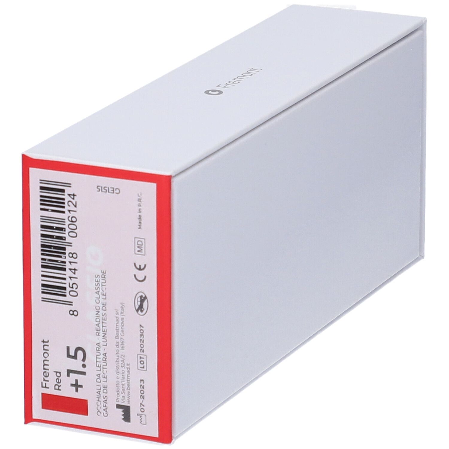 Confezione bianca con striscia rossa. Scritta: Fremont, +1,5, GLASSio. Codice a barre e marchio CE.
