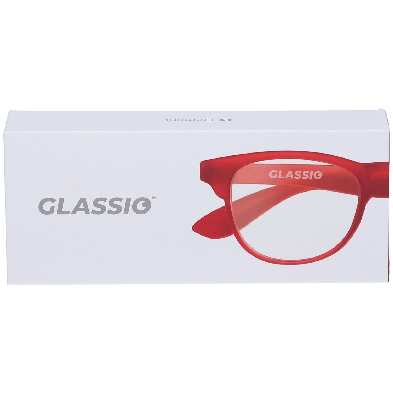 Confezione bianca con occhiali rossi. Scritta GLASSio. Occhiali rossi nella scatola.