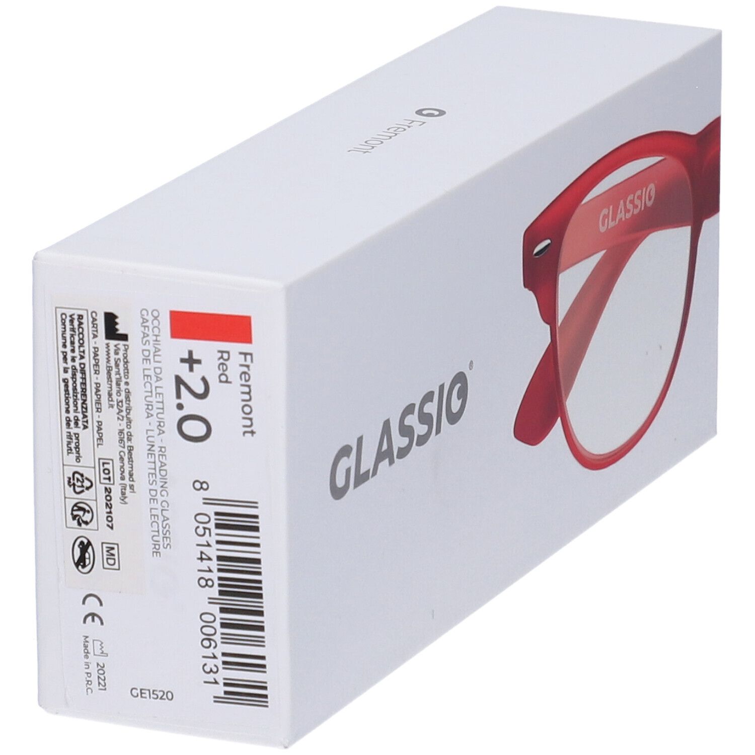 Confezione con occhiali rossi. "GLASSio" e informazioni prodotto. Occhiali rossi, +2.0.