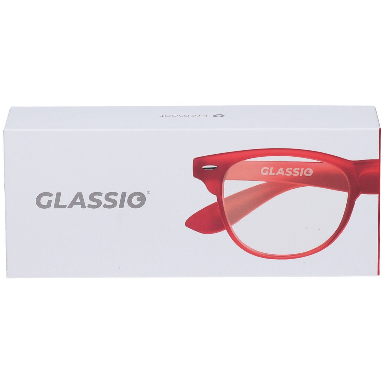 Confezione bianca con occhiali rossi. "GLASSio" è visibile. Gli occhiali sono rossi.