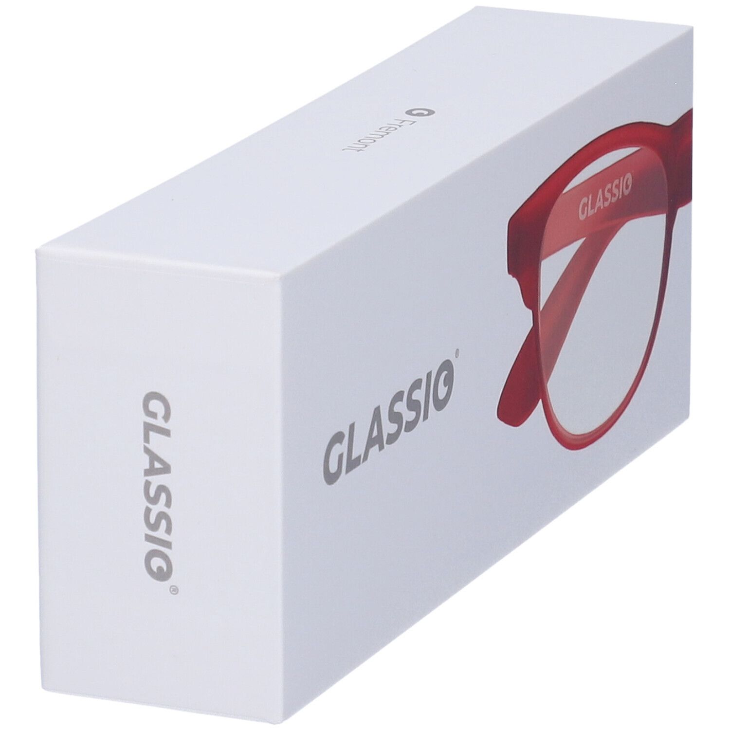 Confezione bianca con illustrazione di occhiali rossi. Scritta "GLASSio".