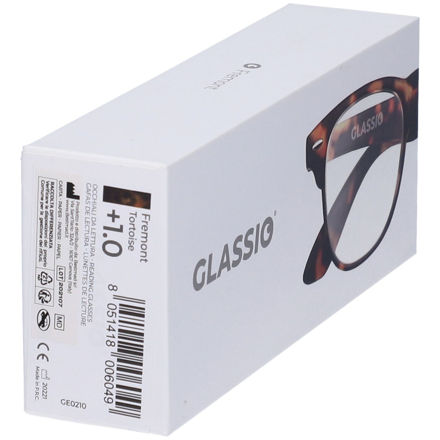 Astuccio GLASSio con dettagli: Fremont, Tortoise, +1.0. Logo GLASSio. Marchio CE.