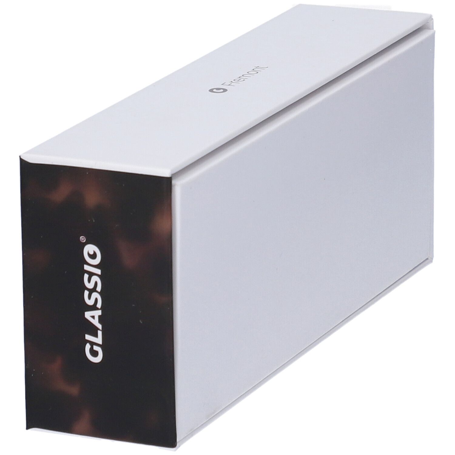 Astuccio bianco con motivo tartarugato. Scritta GLASSio.