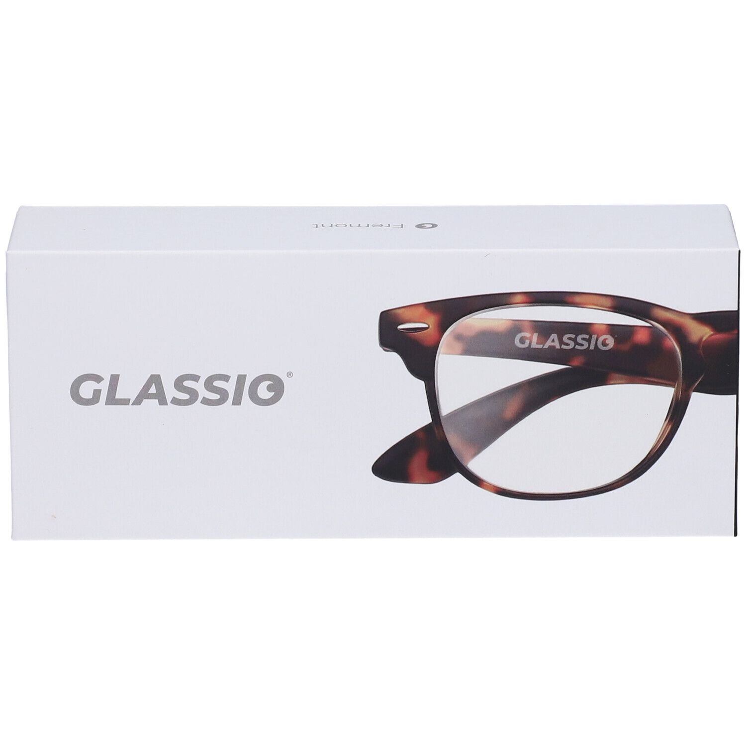 Astuccio per occhiali GLASSio. Montatura marrone tartarugata. Logo GLASSio.