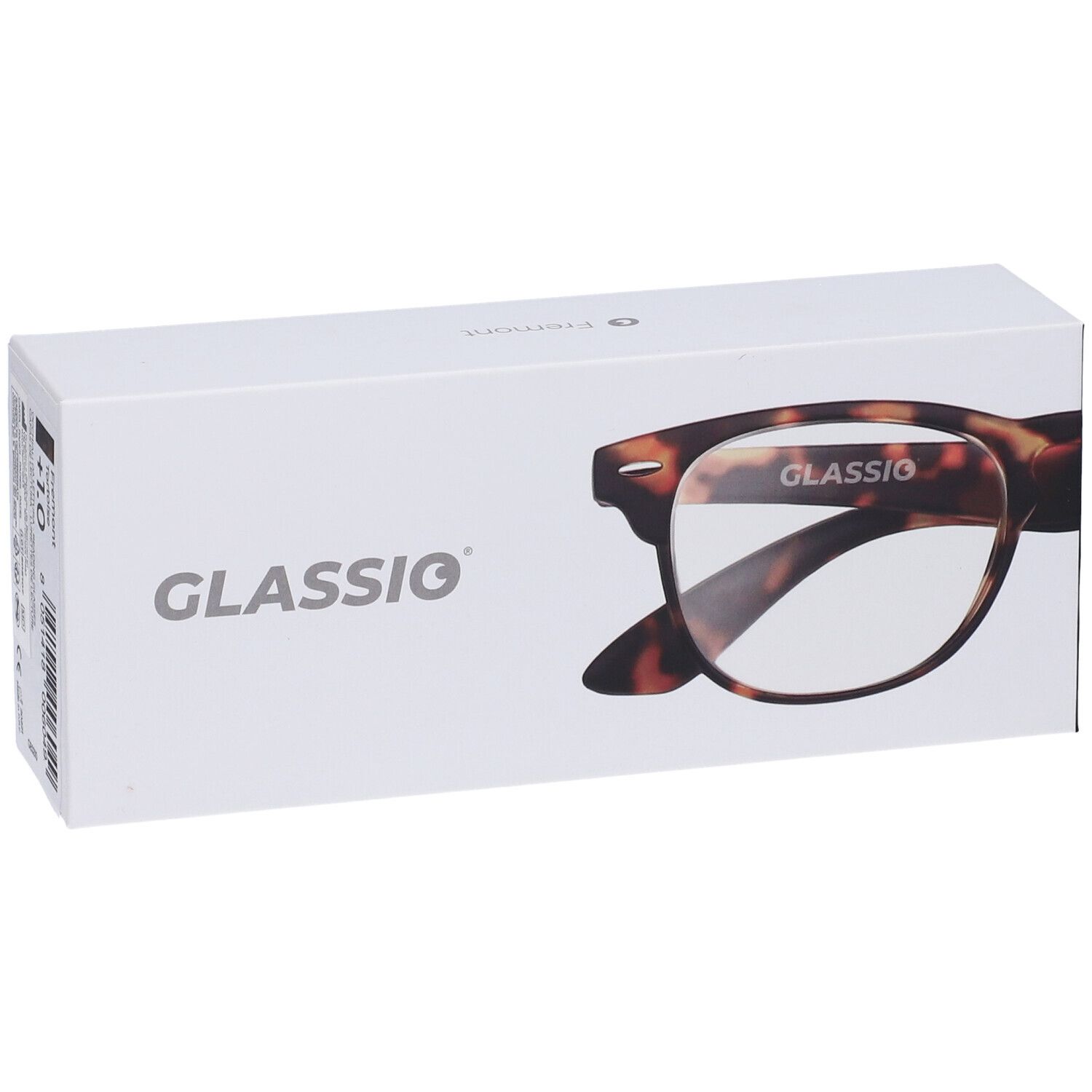 Astuccio per occhiali GLASSio. Montatura marrone tartarugata. Logo GLASSio.