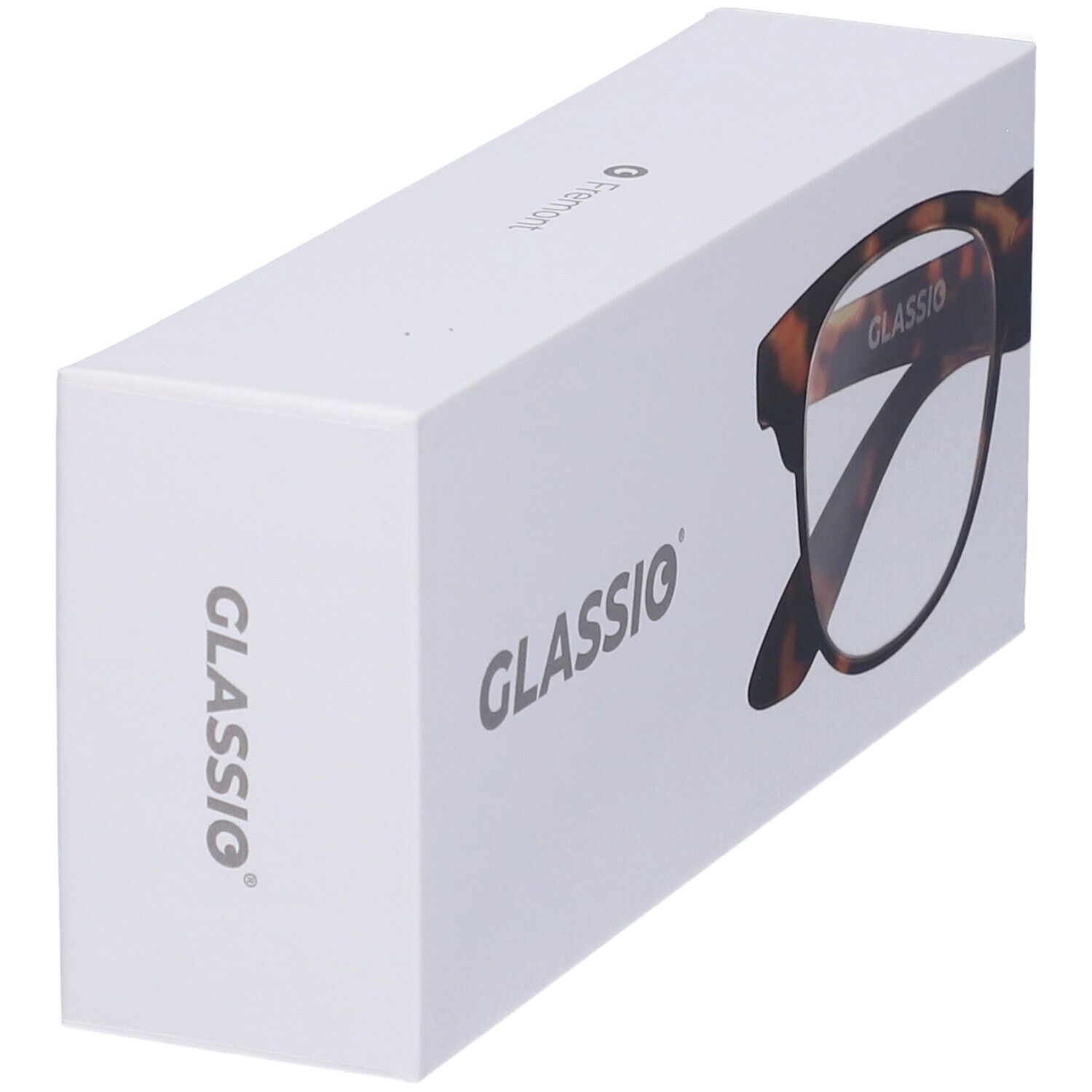 Scatola bianca con occhiali Glassio. Montatura marrone, colore tartaruga, +2,5 diottrie. Scritta Glassio.