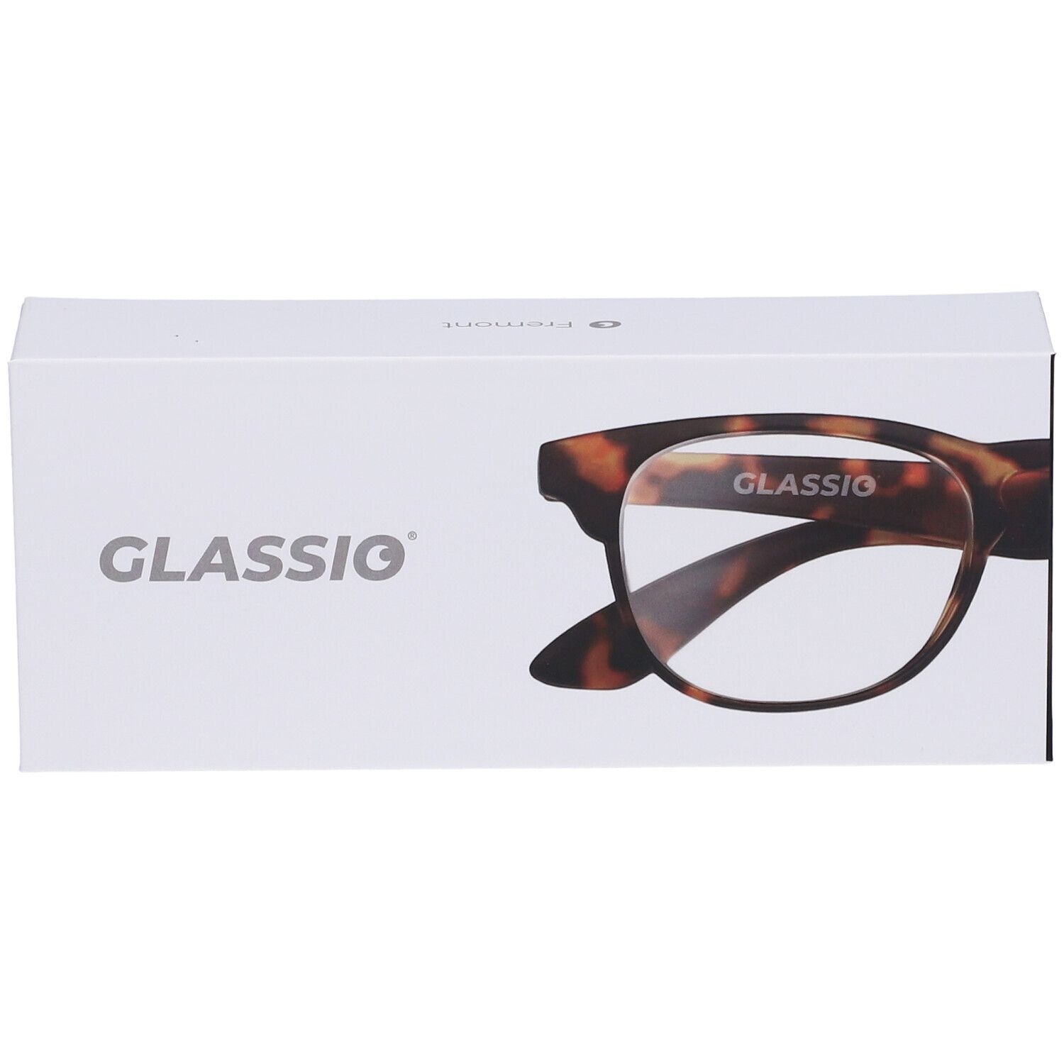 Scatola bianca con occhiali Glassio. Montatura marrone, colore tartaruga, +2,5 diottrie. Scritta Glassio.