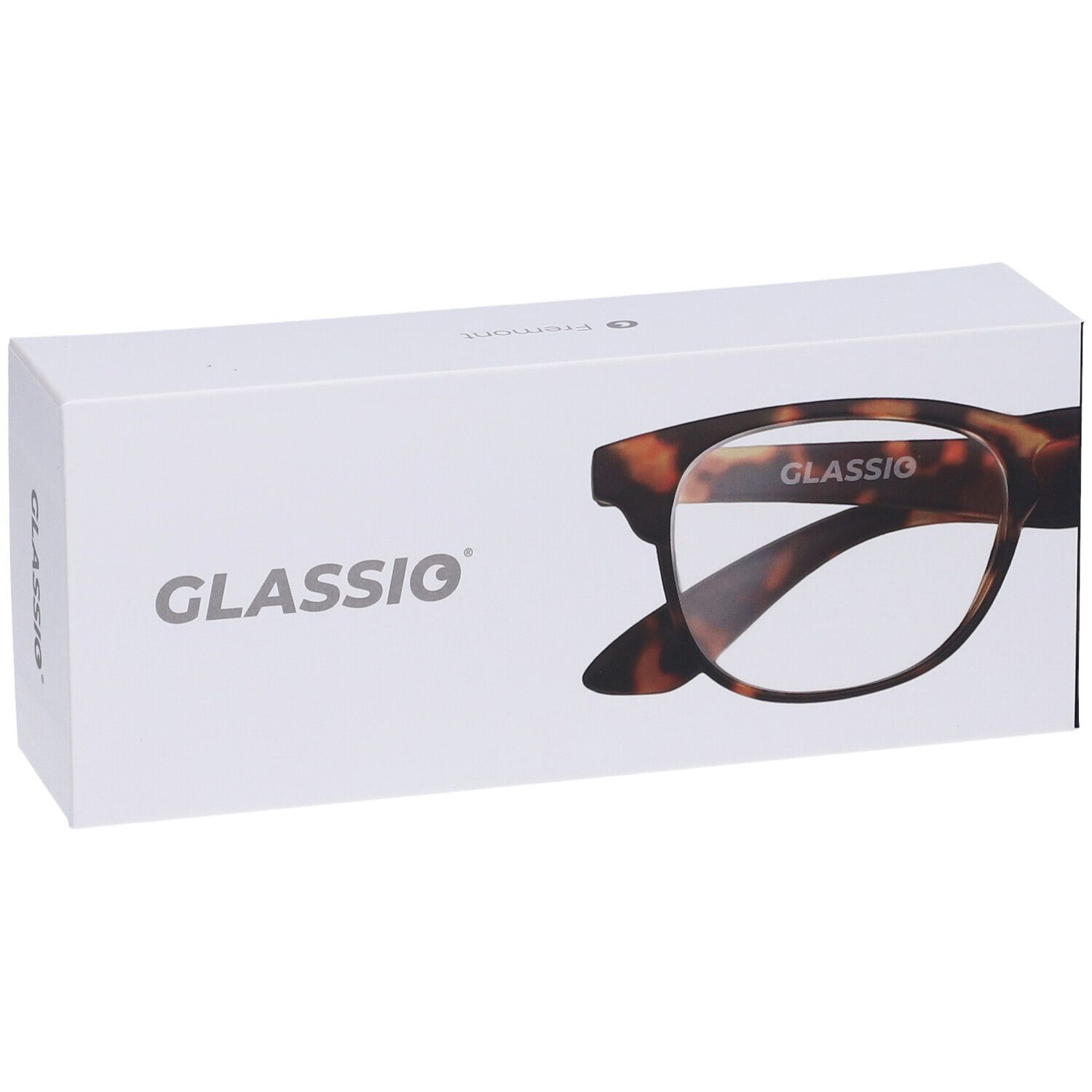 Scatola bianca con occhiali Glassio. Montatura marrone, colore tartaruga, +2,5 diottrie. Scritta Glassio.