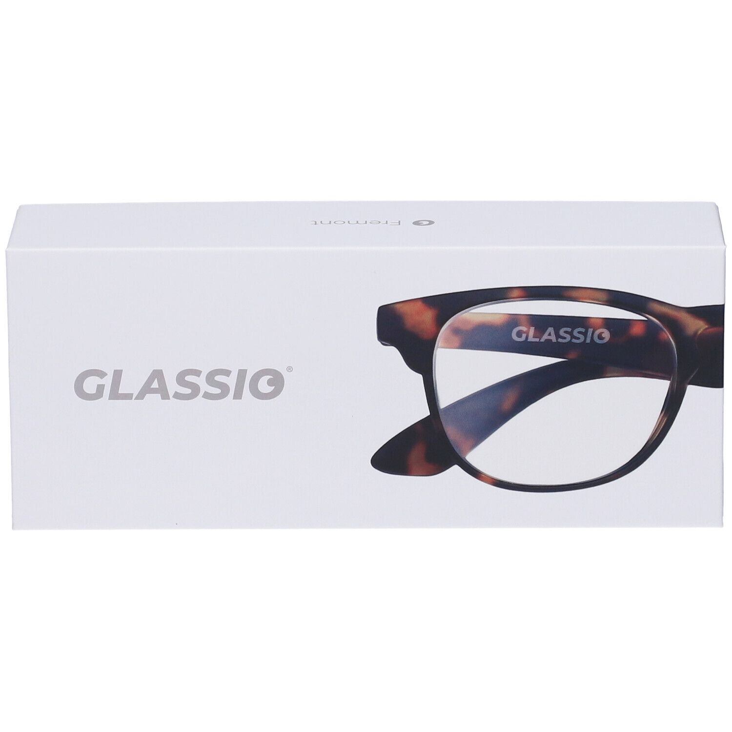 Occhiali in confezione. Il marchio "GLASSiO" è visibile. Montatura marrone.