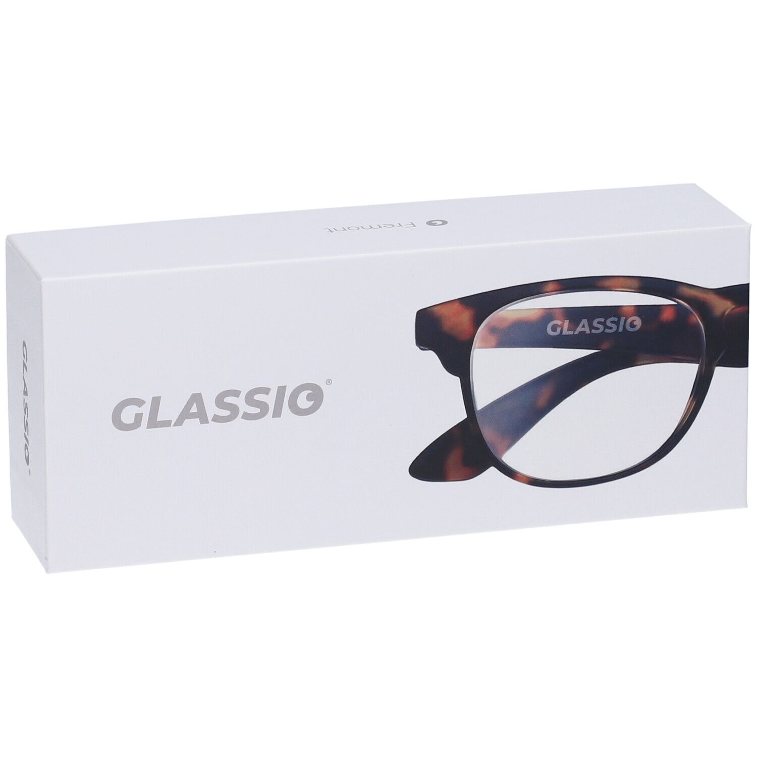 Occhiali in confezione. Il marchio "GLASSiO" è visibile. Montatura marrone.