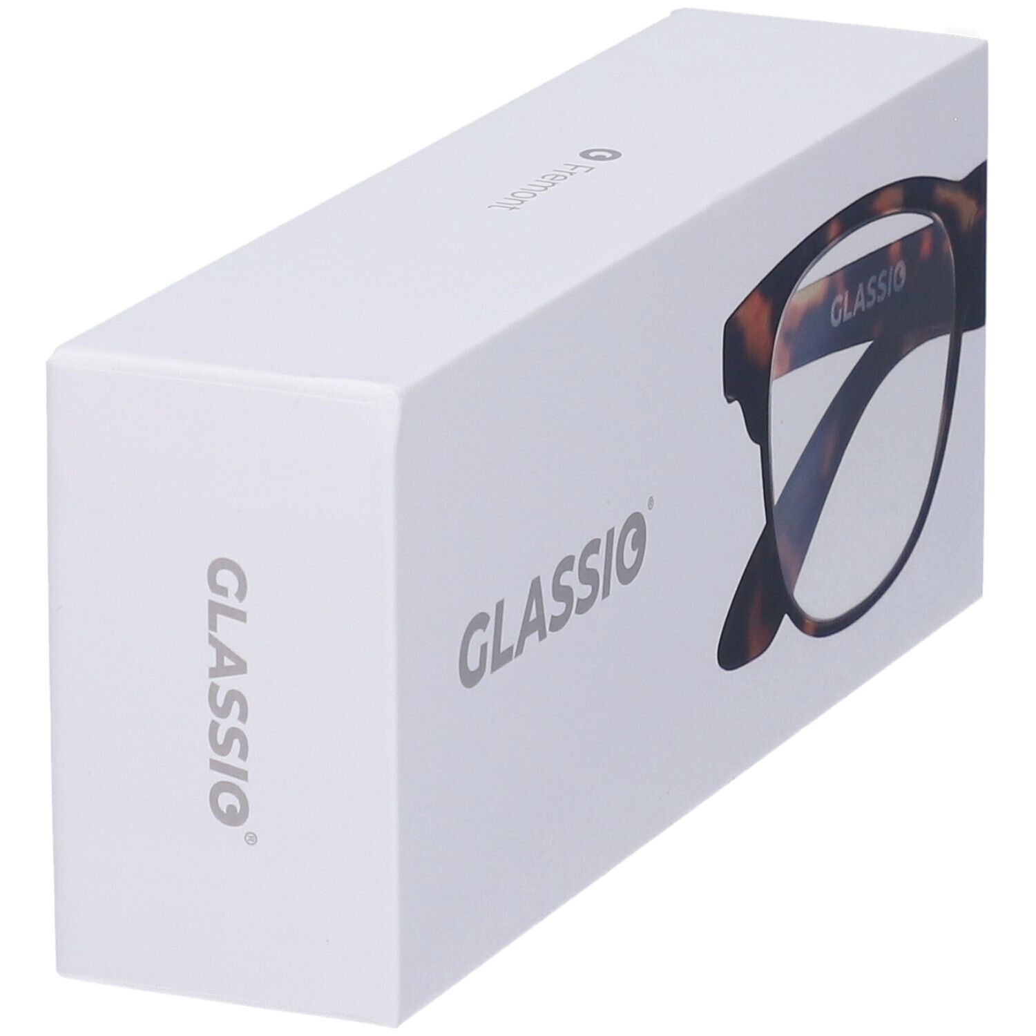 Confezione Glassio bianca con immagine occhiali. Logo Glassio e stanghette a fantasia tartarugata.