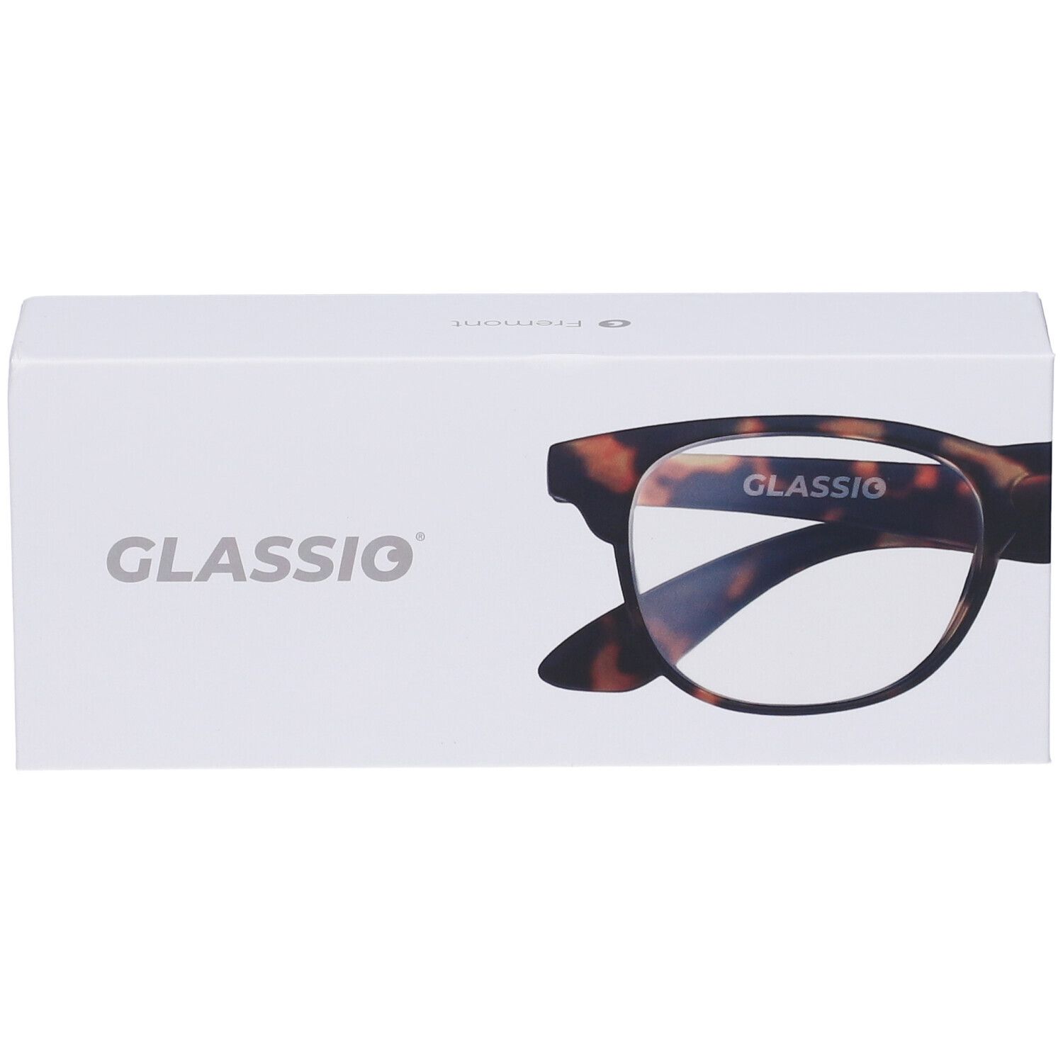 Confezione bianca Glassio con logo e immagine occhiali. Stanghette a fantasia tartarugata.
