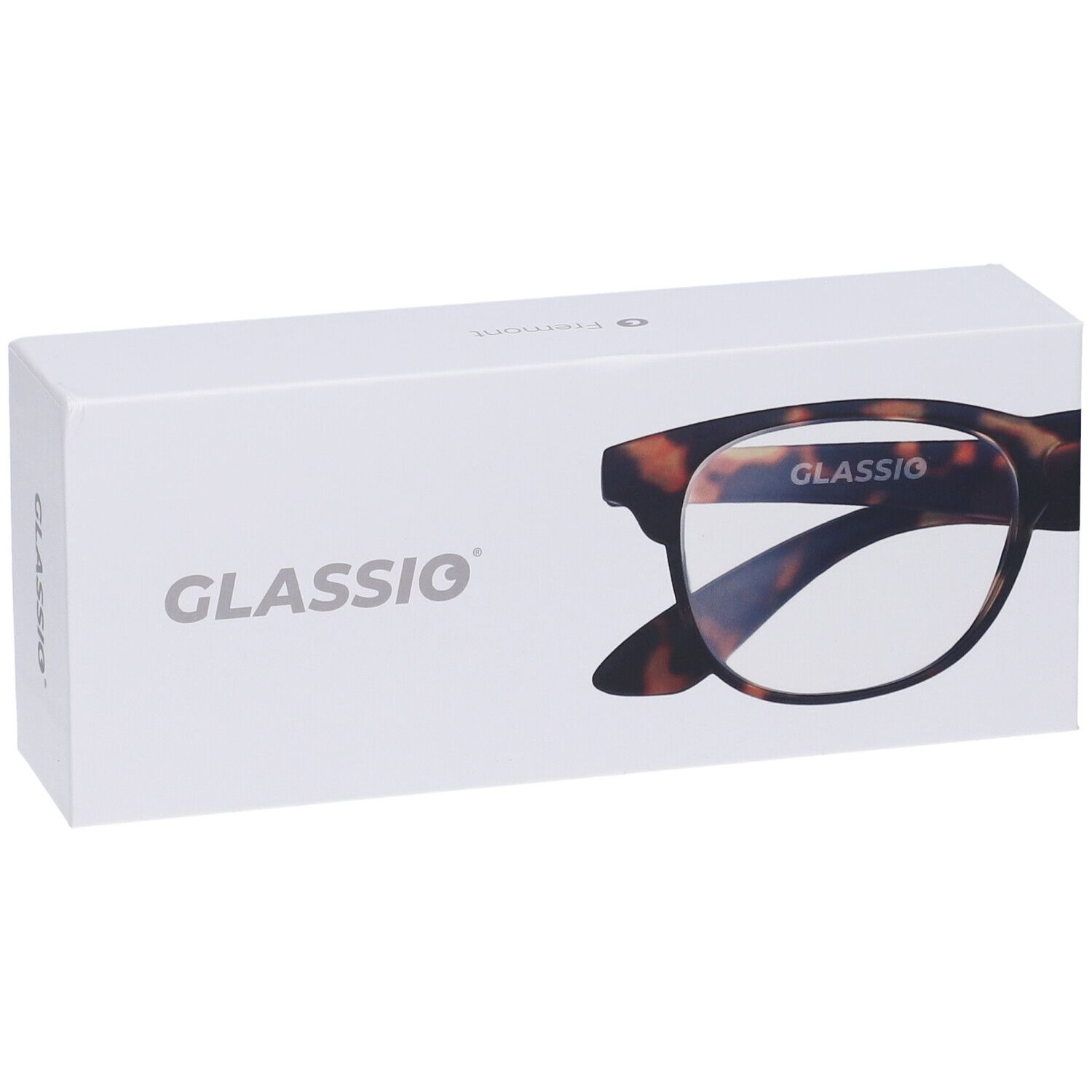 Confezione bianca Glassio con logo e immagine occhiali. Stanghette a fantasia tartarugata.