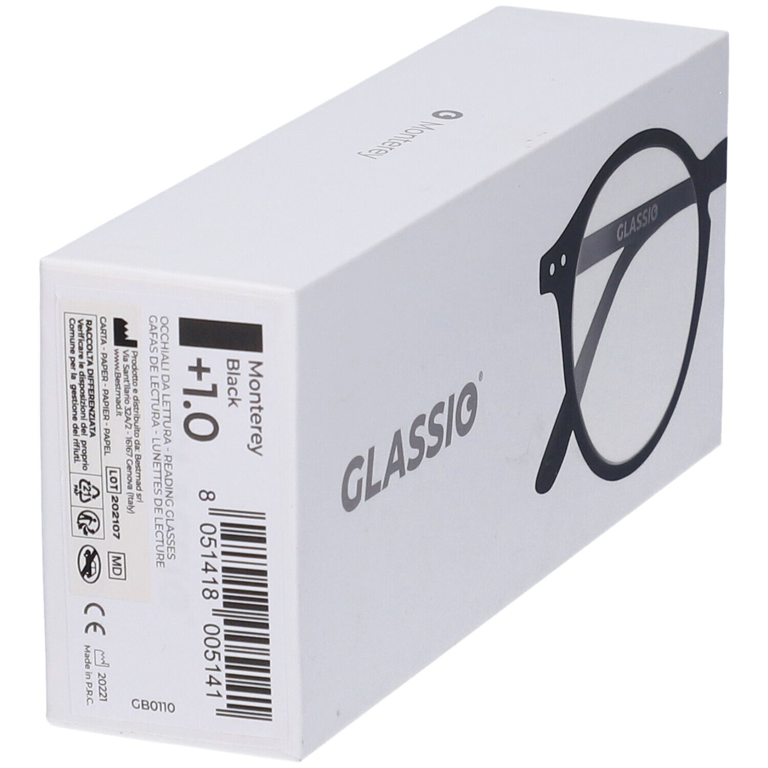 Scatola bianca con informazioni sul prodotto: Monterey Black +1.0, logo Glassio, codice a barre e marchio CE.
