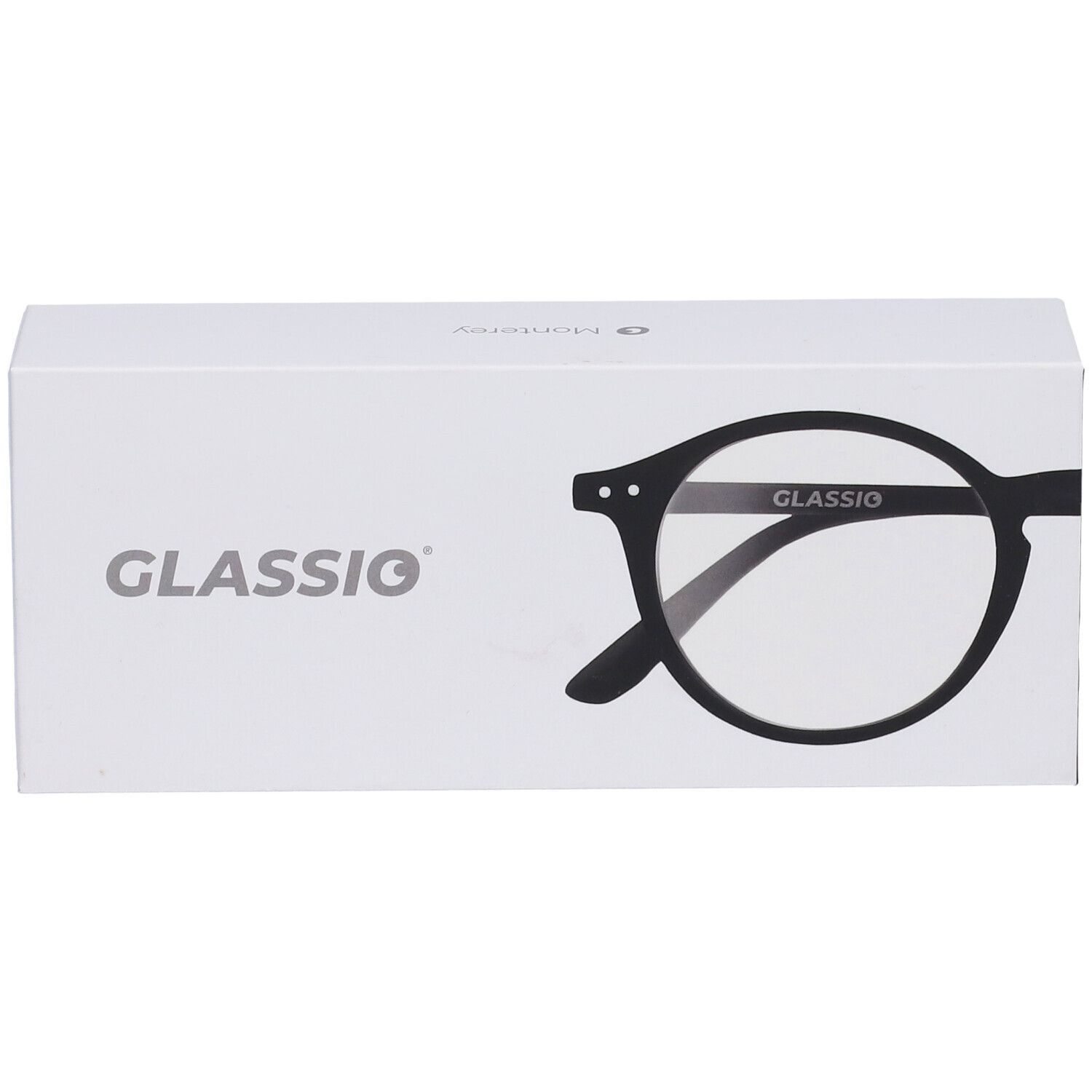 Scatola bianca con logo Glassio e illustrazione di occhiali. Occhiali con lenti rotonde e montatura nera.