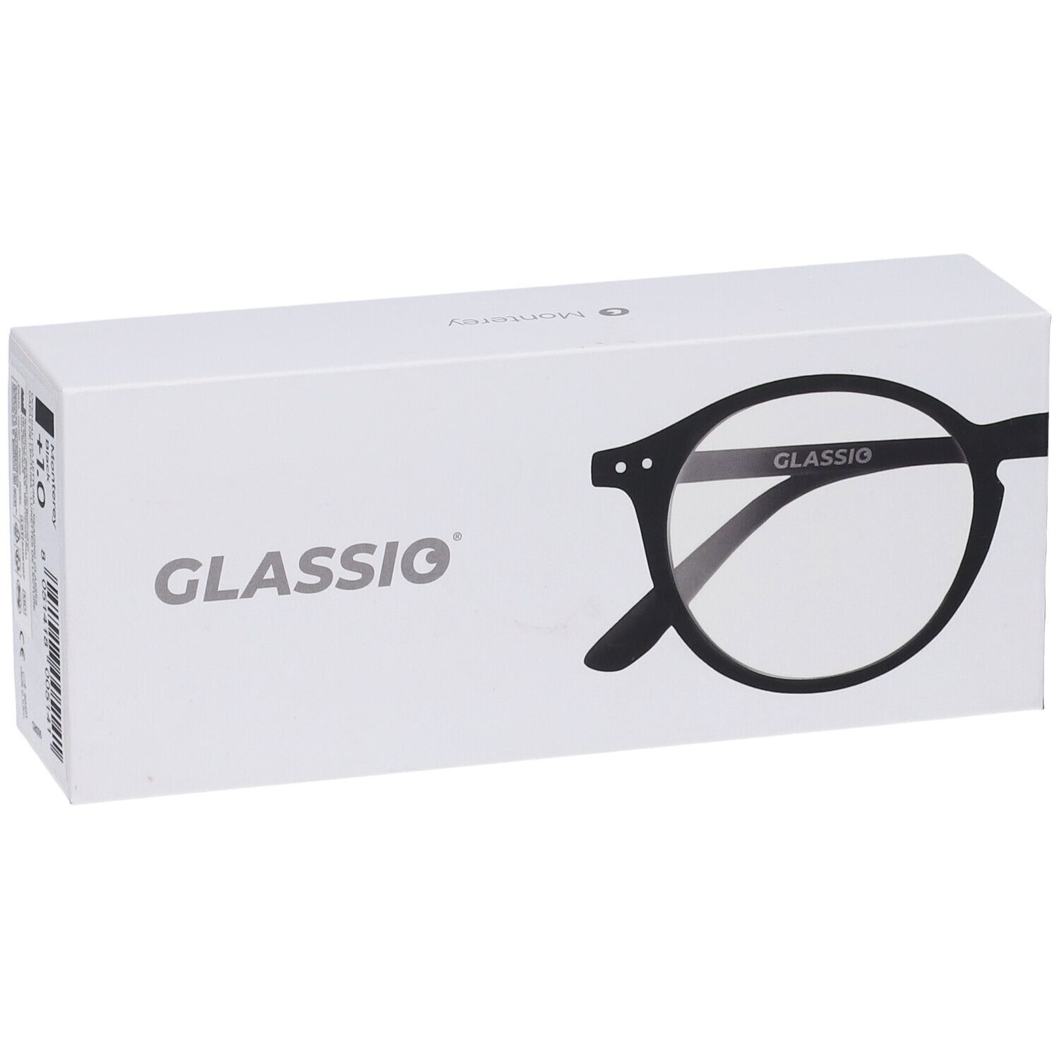 Scatola bianca con logo Glassio e illustrazione di occhiali. Occhiali con lenti rotonde e montatura nera.