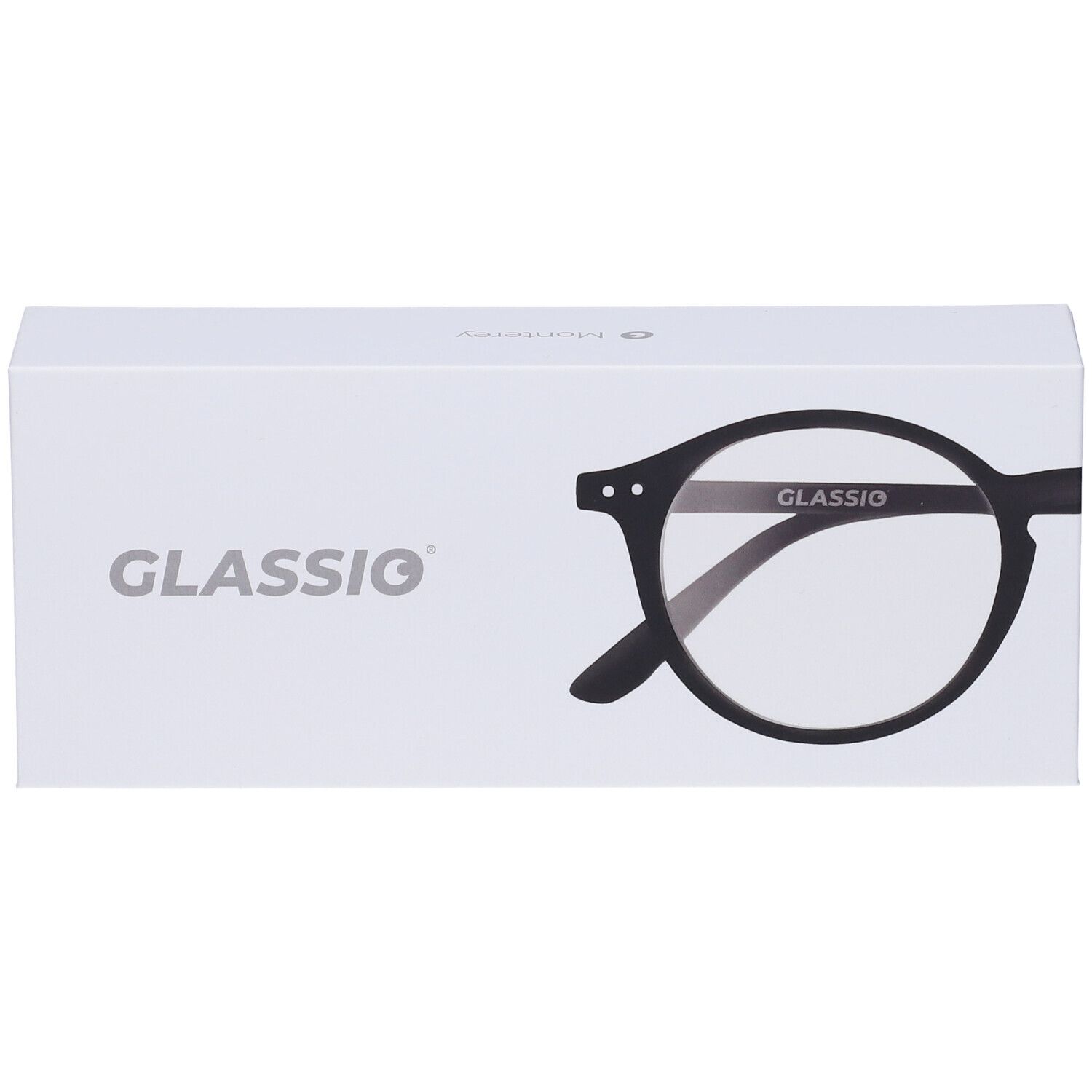 Confezione bianca con sagoma di occhiali neri. Scritta: GLASSio. Vista prospettica.