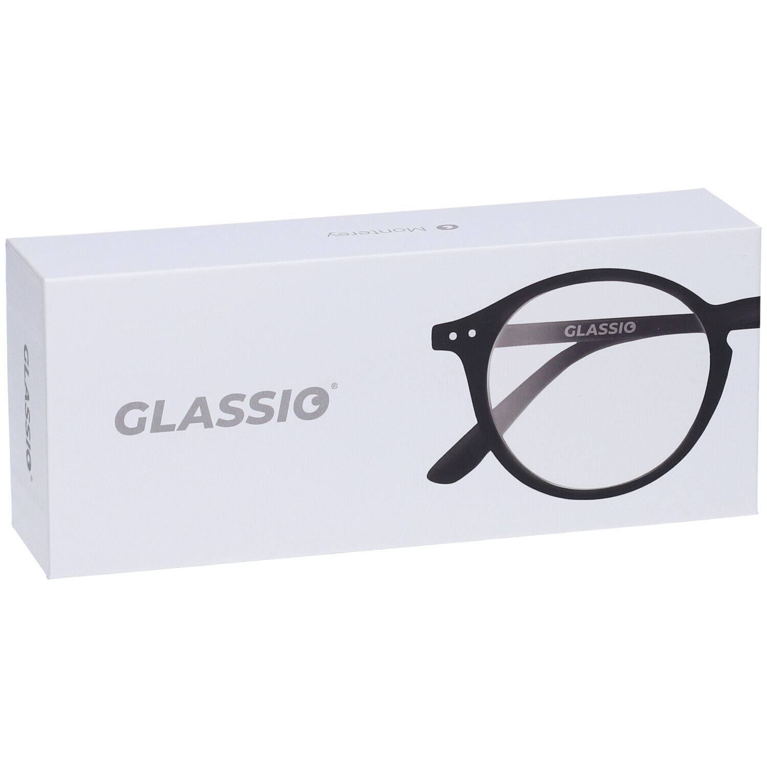 Confezione bianca con sagoma di occhiali neri. Scritta: GLASSio. Vista prospettica.