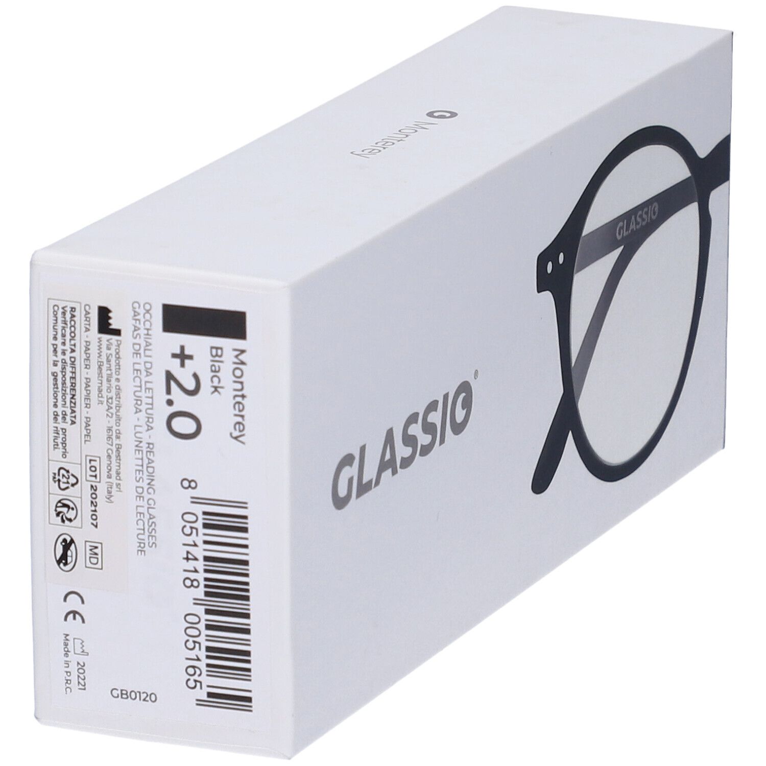 Confezione bianca con informazioni sul prodotto: Occhiali da Lettura +2.0, Monterey Black. Logo Glassio e codice a barre.
