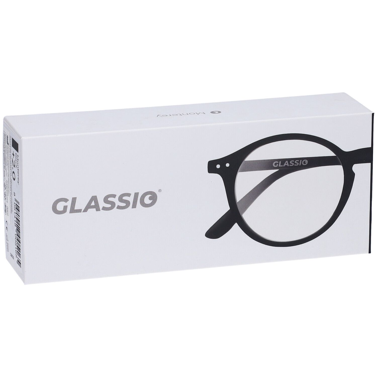 Confezione bianca con logo Glassio e illustrazione di occhiali. Montatura nera con lenti rotonde.