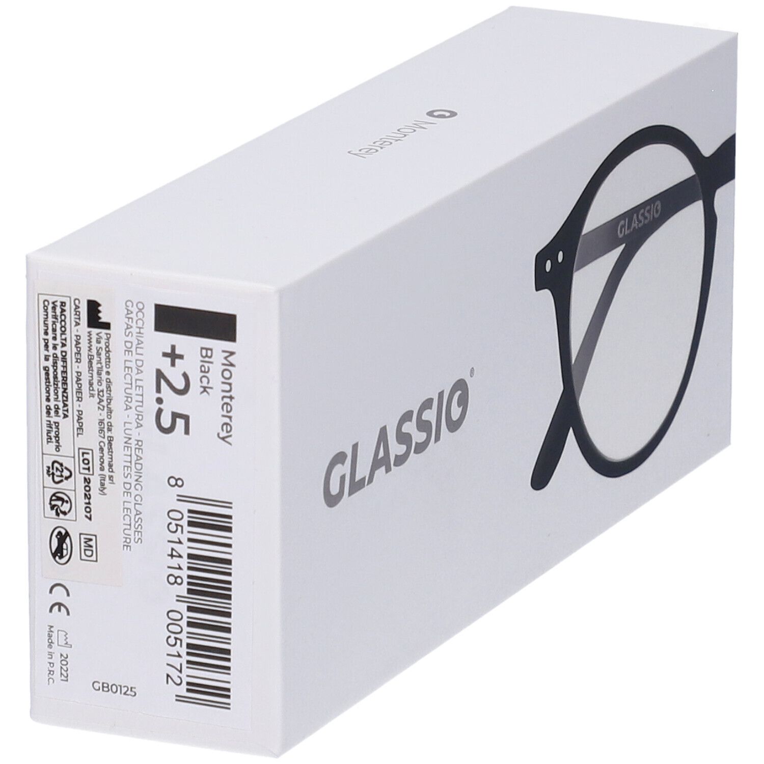 Confezione bianca con informazioni sul prodotto. Occhiali neri con lenti rotonde. Testo: Monterey Black +2.5.