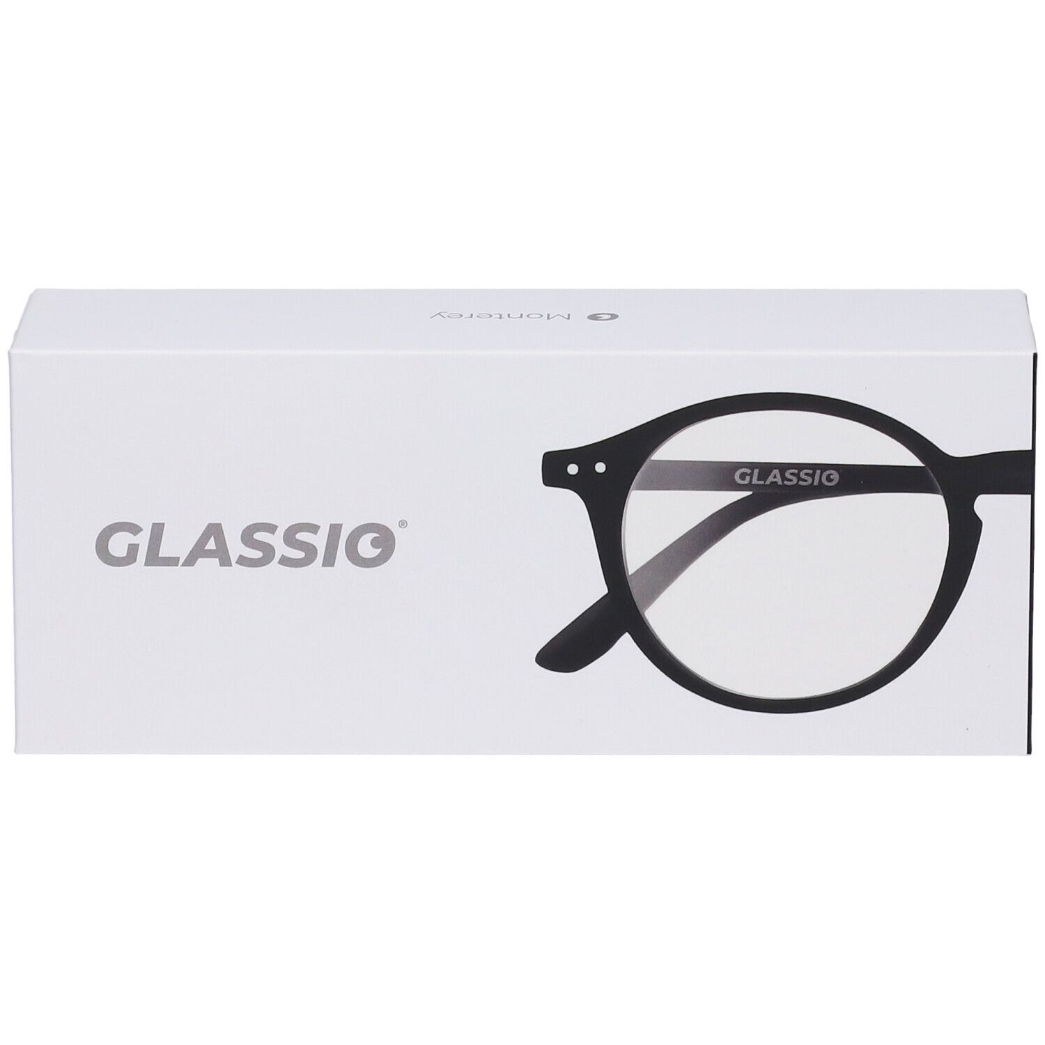 Confezione bianca con scritta GLASSIO e sagoma di occhiali. Occhiali neri con lenti rotonde.