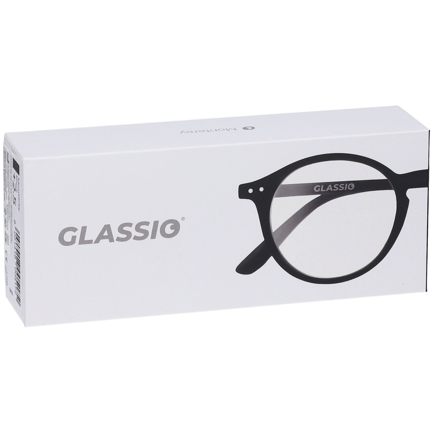 Confezione bianca con scritta GLASSIO e sagoma di occhiali. Occhiali neri con lenti rotonde.